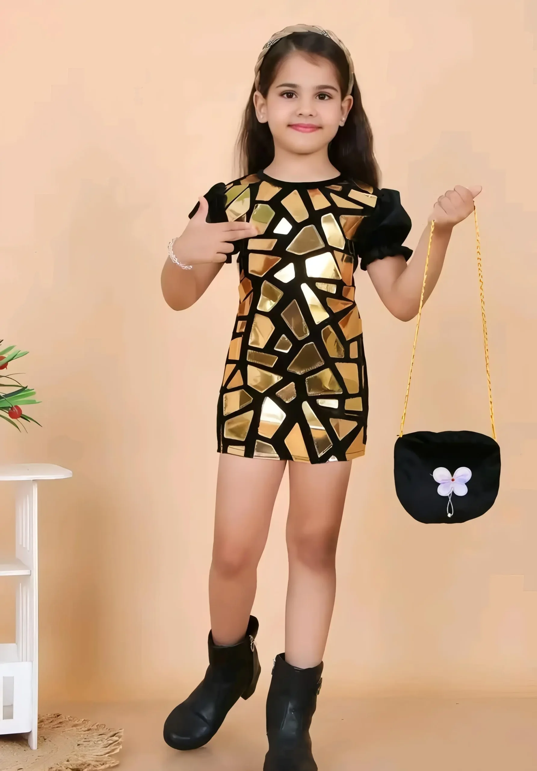 Girls party wear dress/with bag - Yellow, 1-2 Years