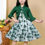 Kids printed frock with jacket - Green, 0-6 Months