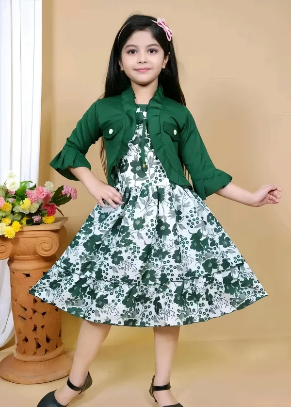 Kids printed frock with jacket - Green, 0-6 Months