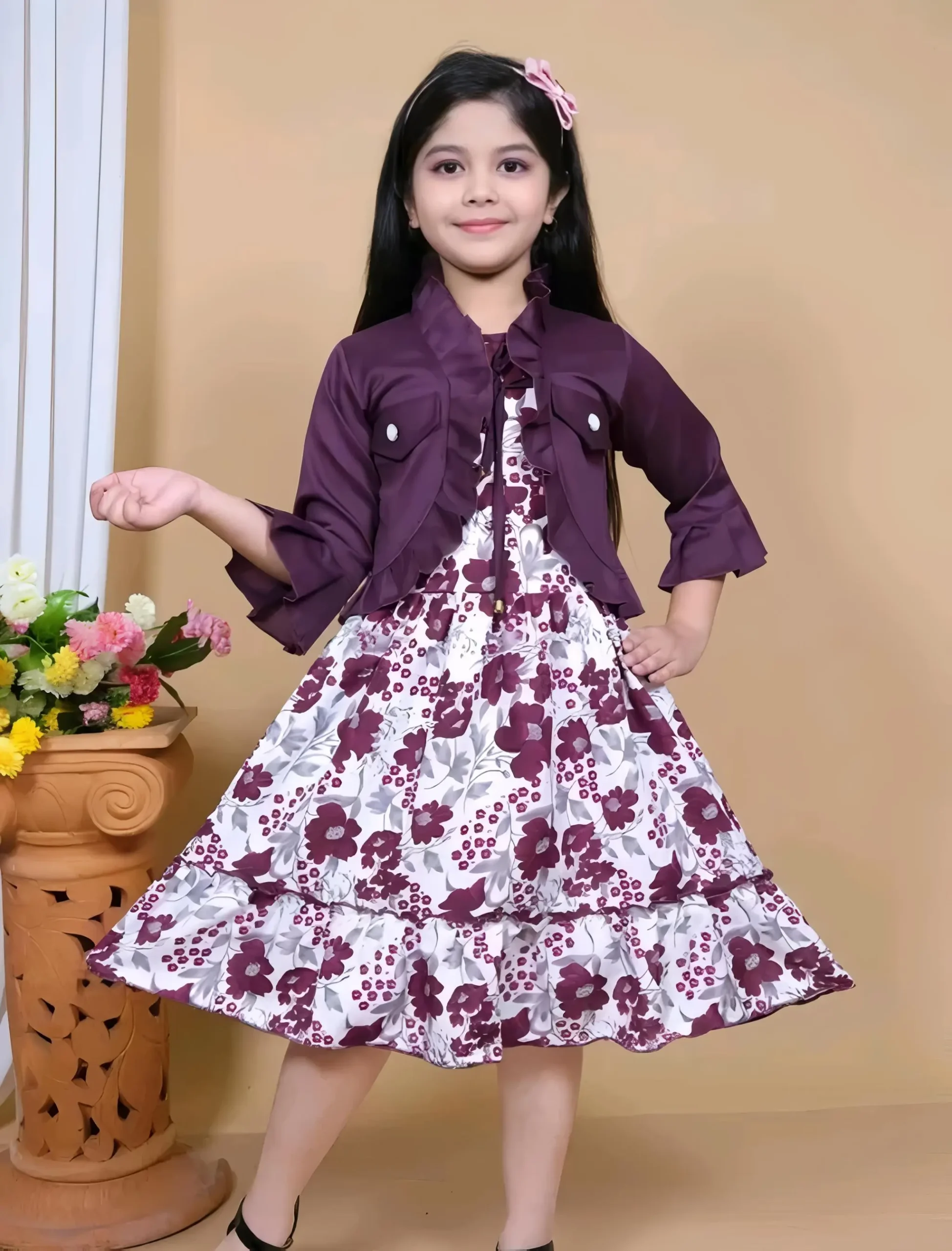 Kids printed frock with jacket/wine color - Wine, 0-6 Months
