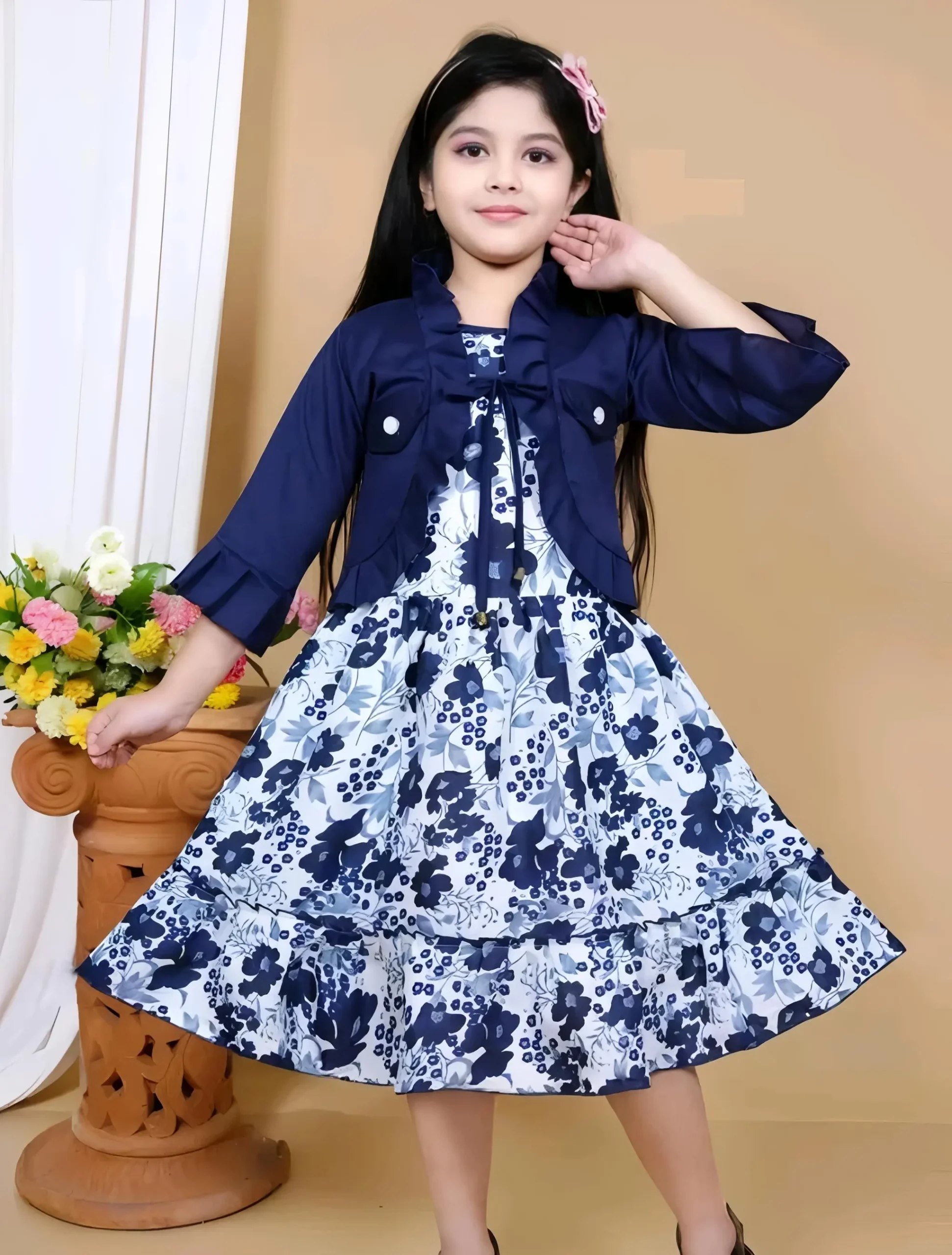 Girls printed frock/daily wear /with jacket/blue color - Blue, 0-6 Months