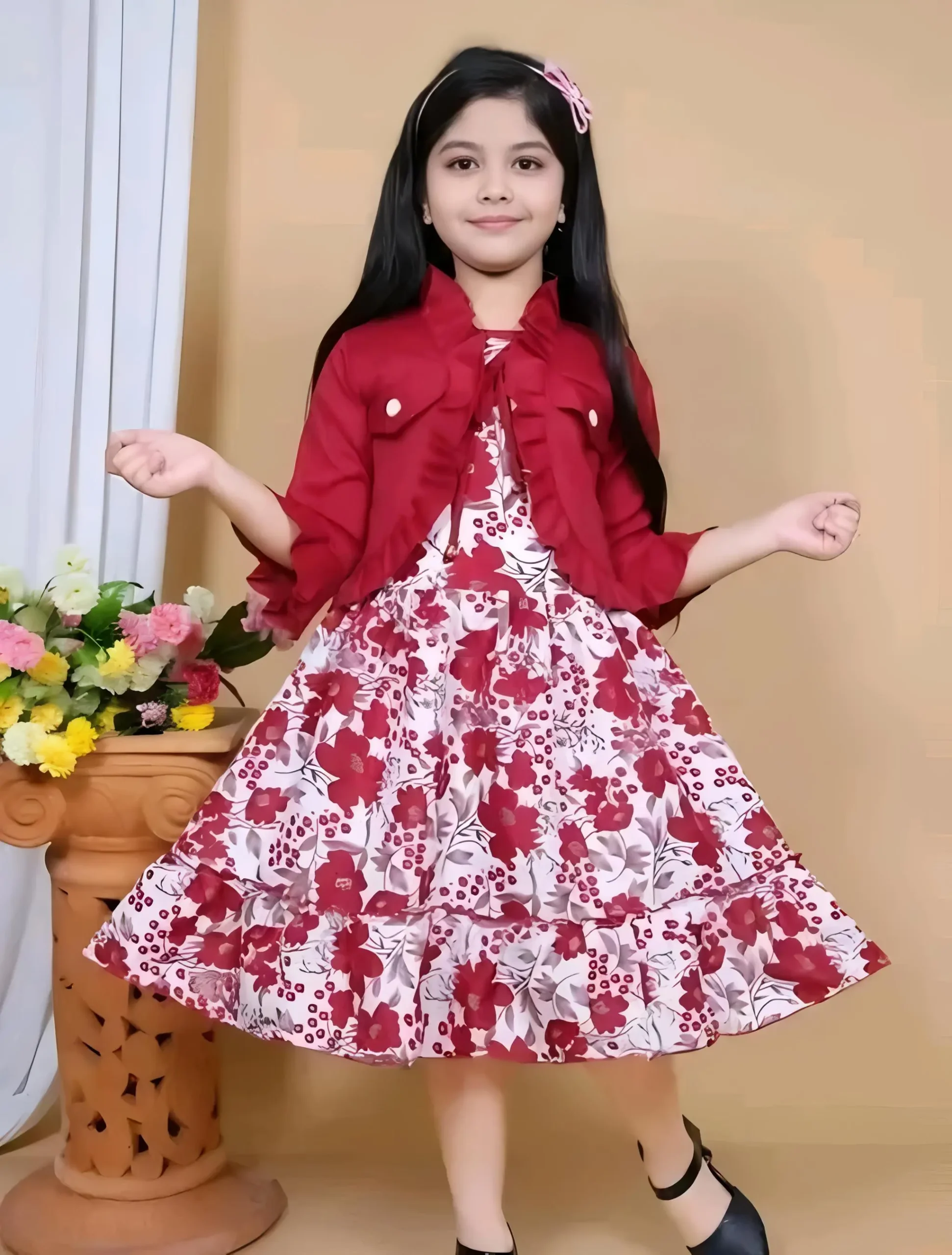 Printed summer dress/with jacket/red color - Red, 0-6 Months