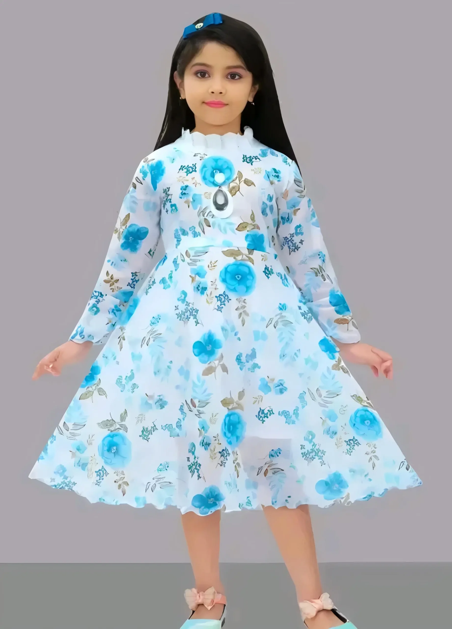 Princess stylish babygirl frock/Georgette fabric - Blue, 10-11 Years
