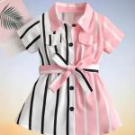 Girls pink and white stripped printed front belt shirt - White, 0-1 Years