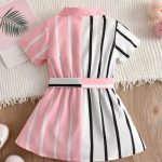 Girls pink and white stripped printed front belt shirt