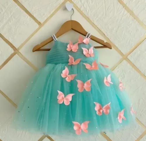 Green floral net fabric dress - Green, 0-6 Months