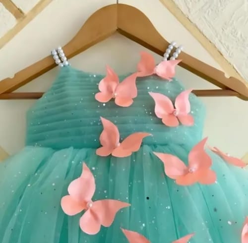 Green floral net fabric dress