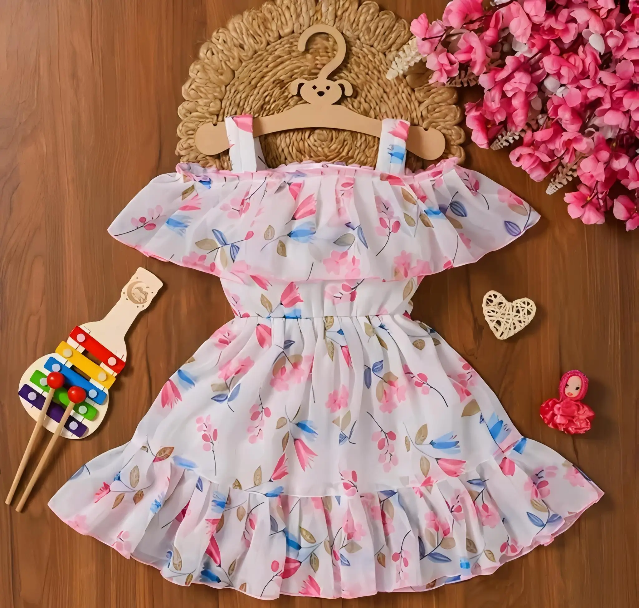 Georgette frock for kids daily wear/ color Pink - Pink, 0-6 Months