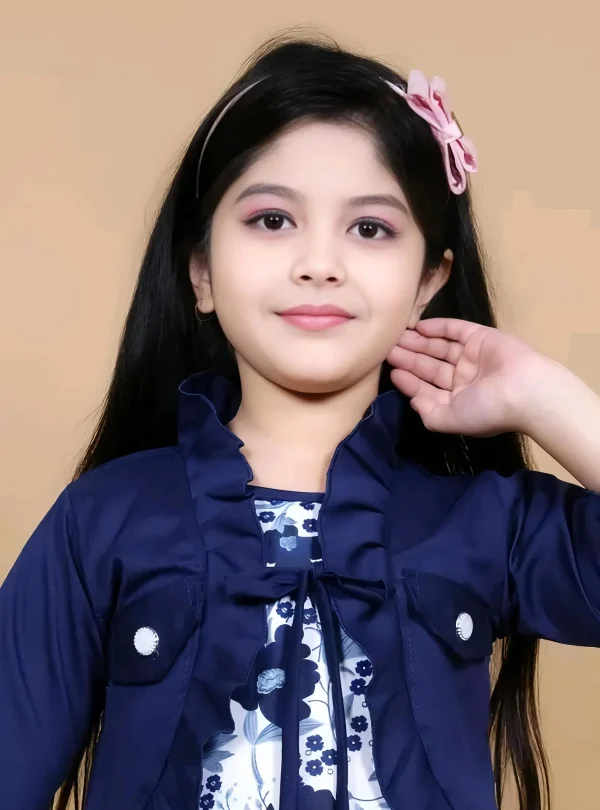 Girls printed frock/daily wear /with jacket/blue color