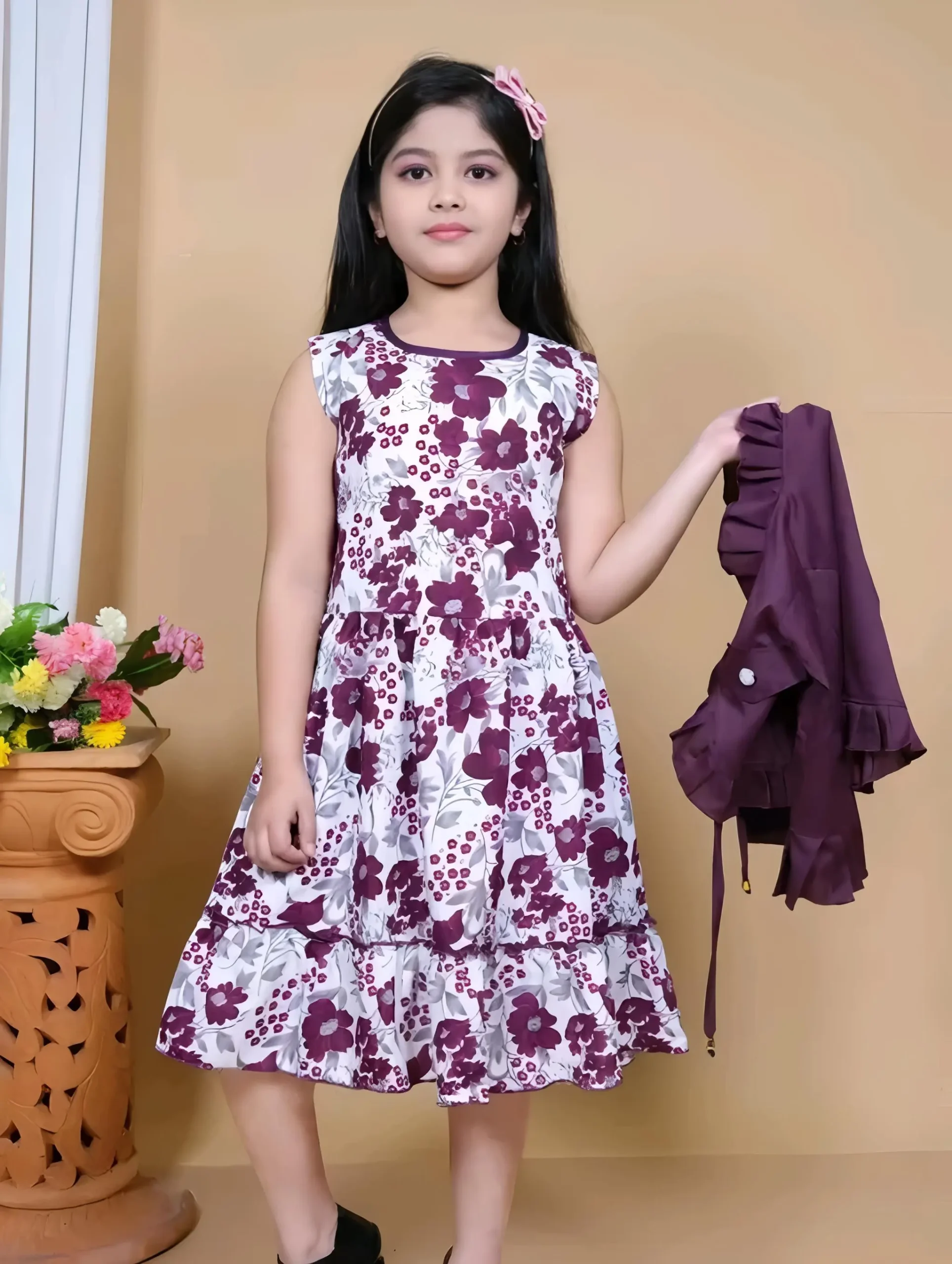 Kids printed frock with jacket/wine color