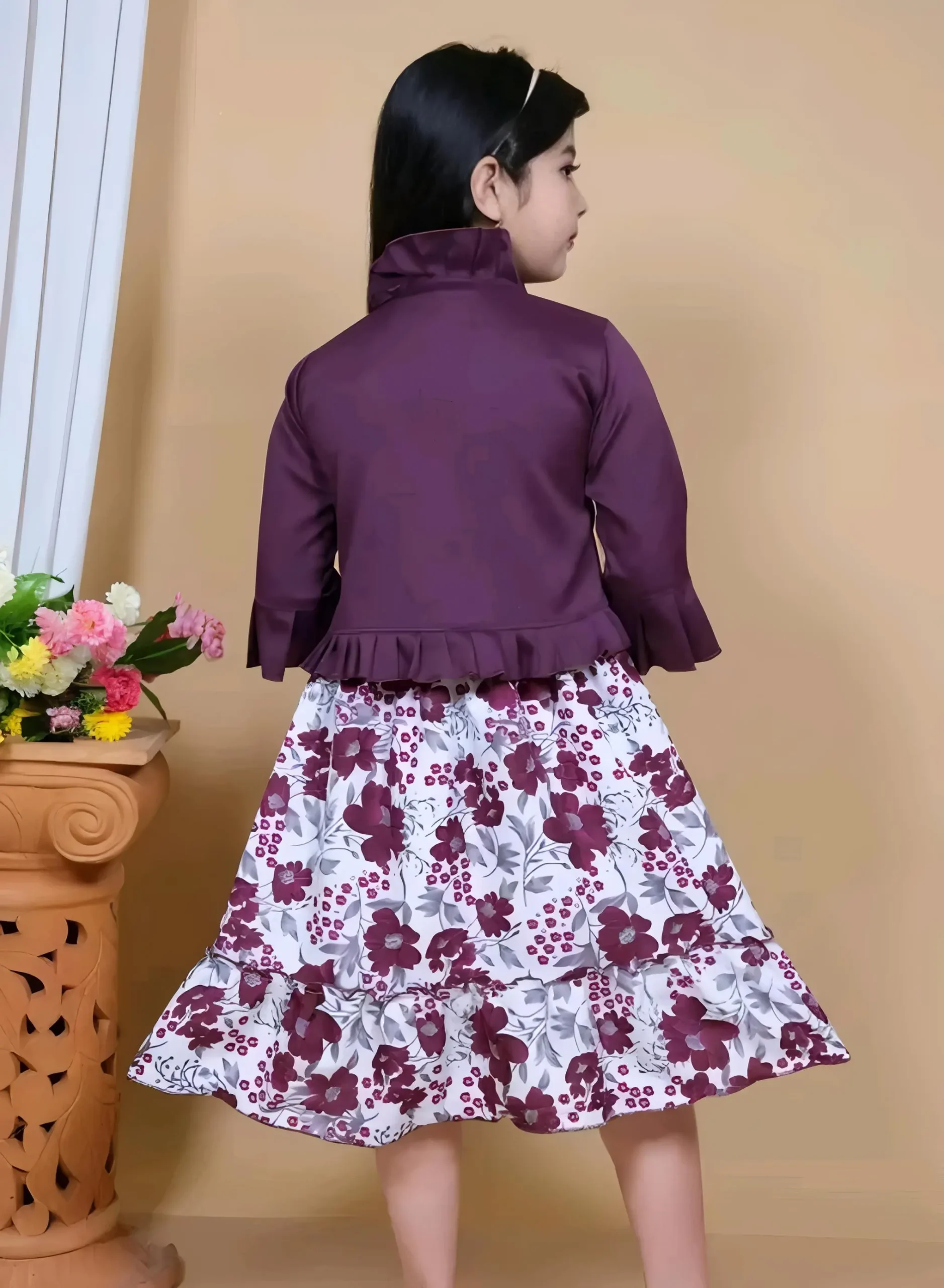 Kids printed frock with jacket/wine color
