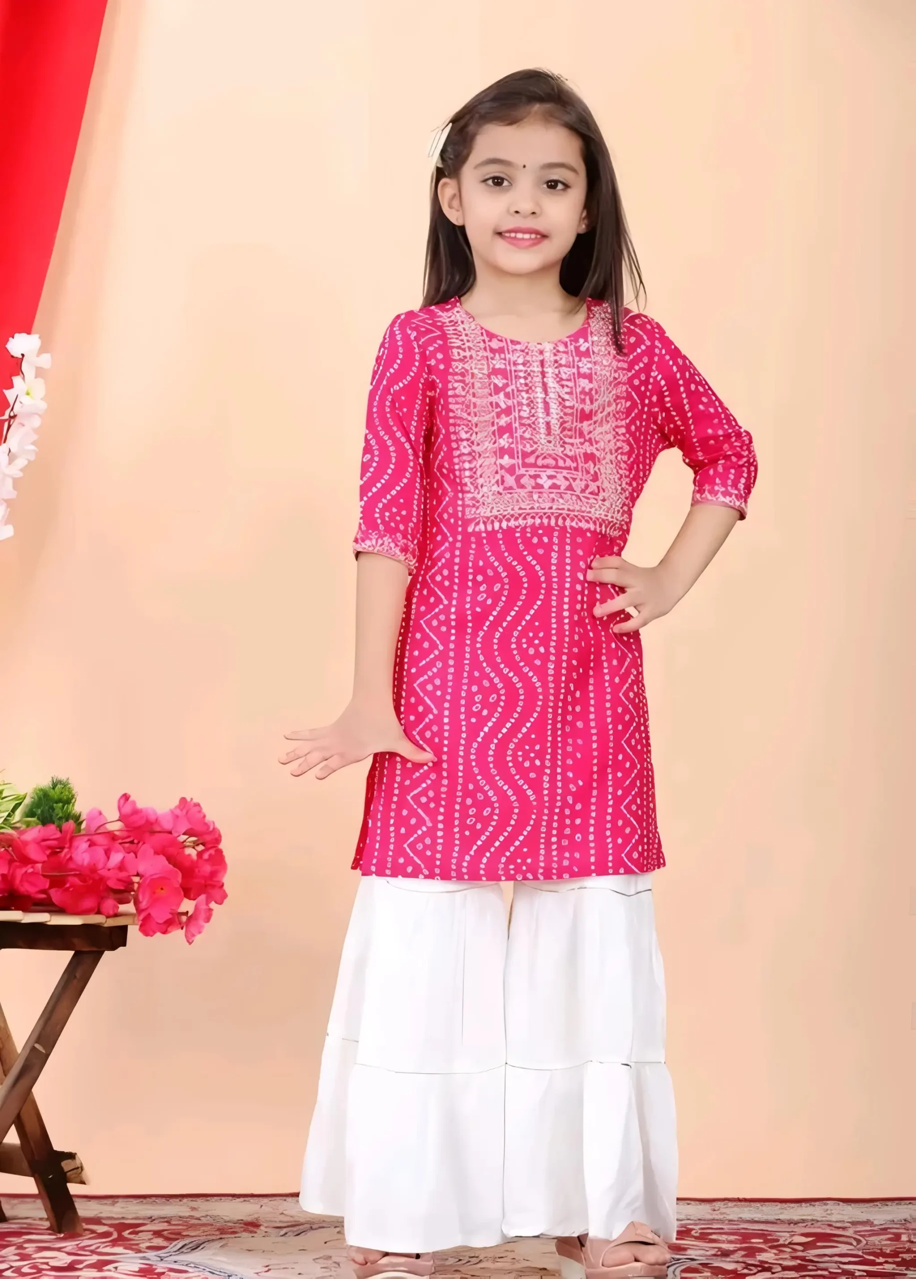 Printed rayon kurta set - Pink, 5-6 Years