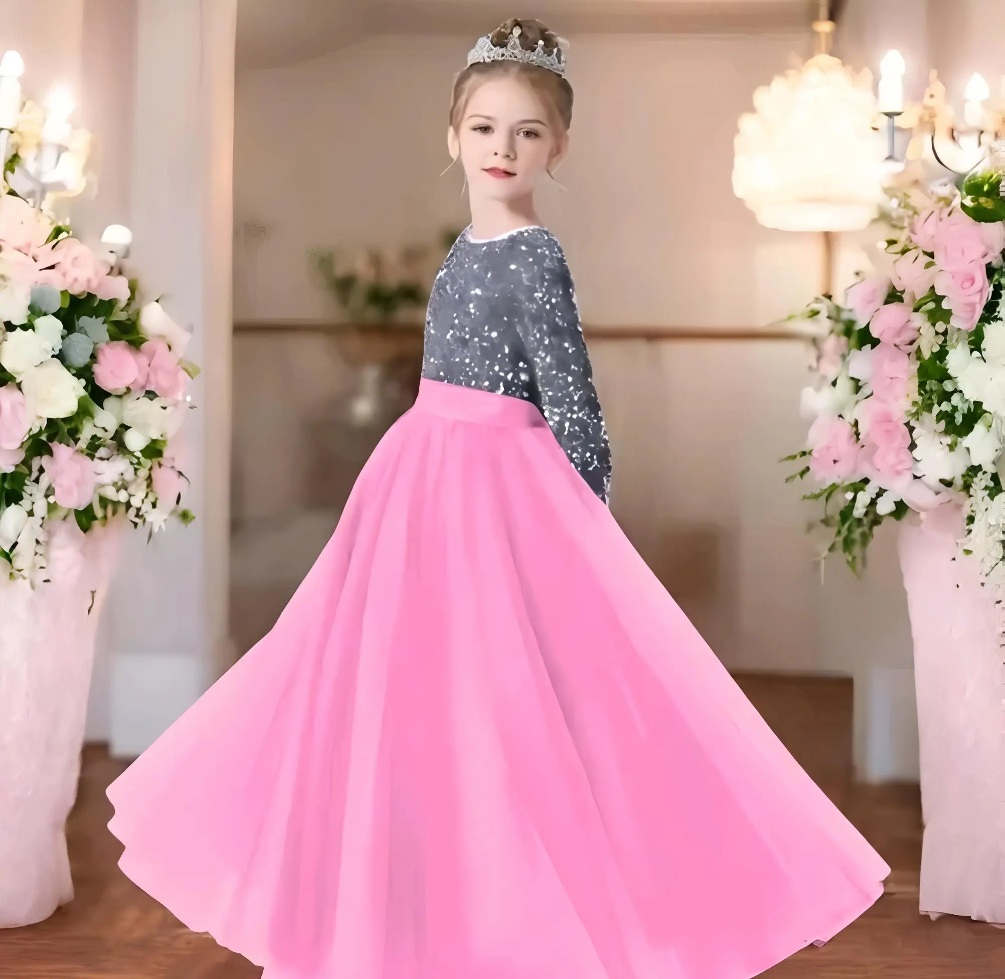 Girls full length net and sequin fabric gown
