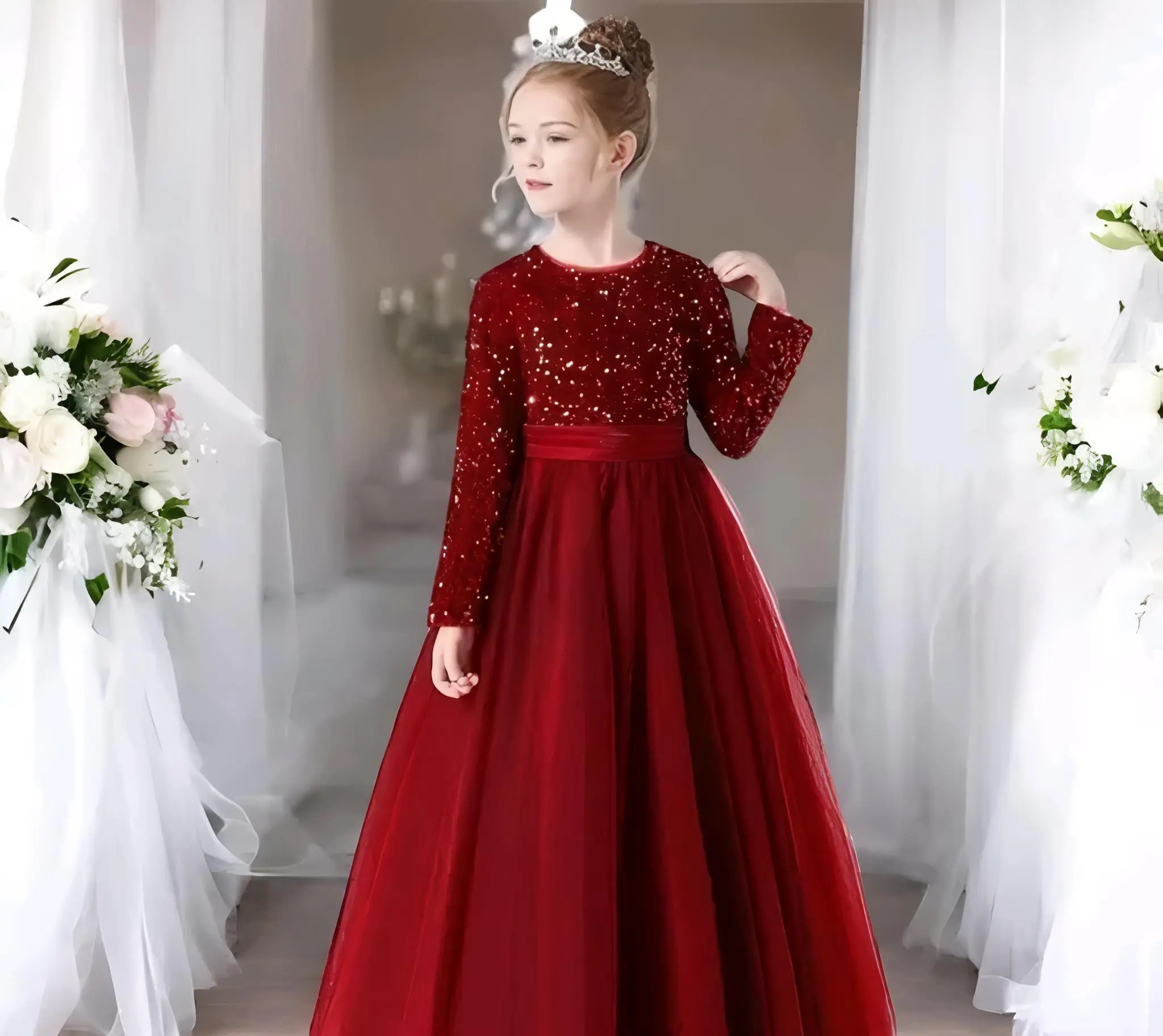Girls full length net and sequin fabric gown