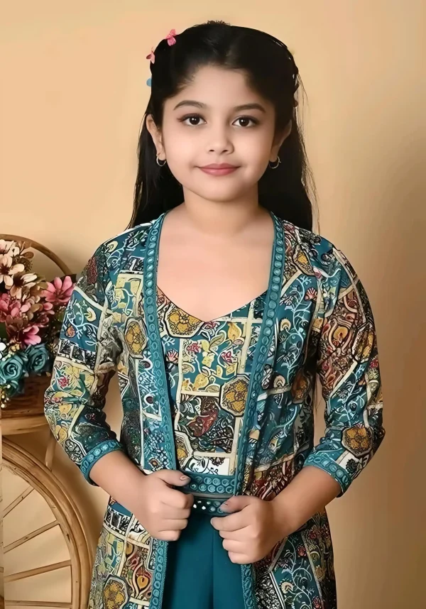 Self designed kurta set with rayon fabric jacket - Blue, 10-11 Years