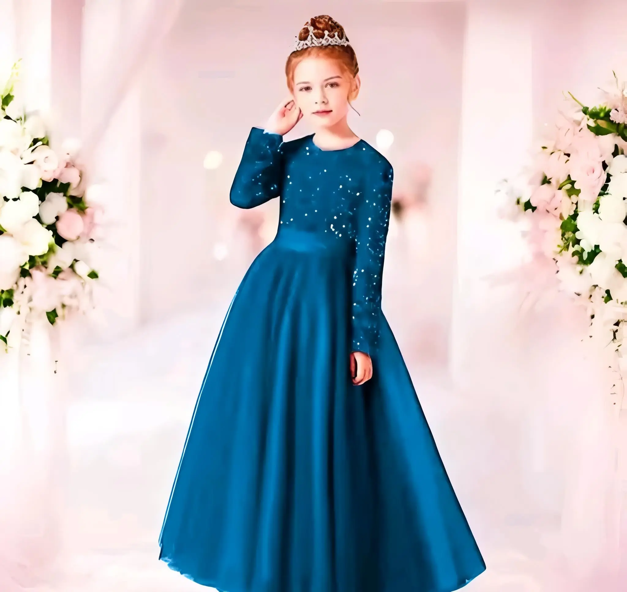 Girls full length net and sequin fabric gown - Blue, 10-11 Years