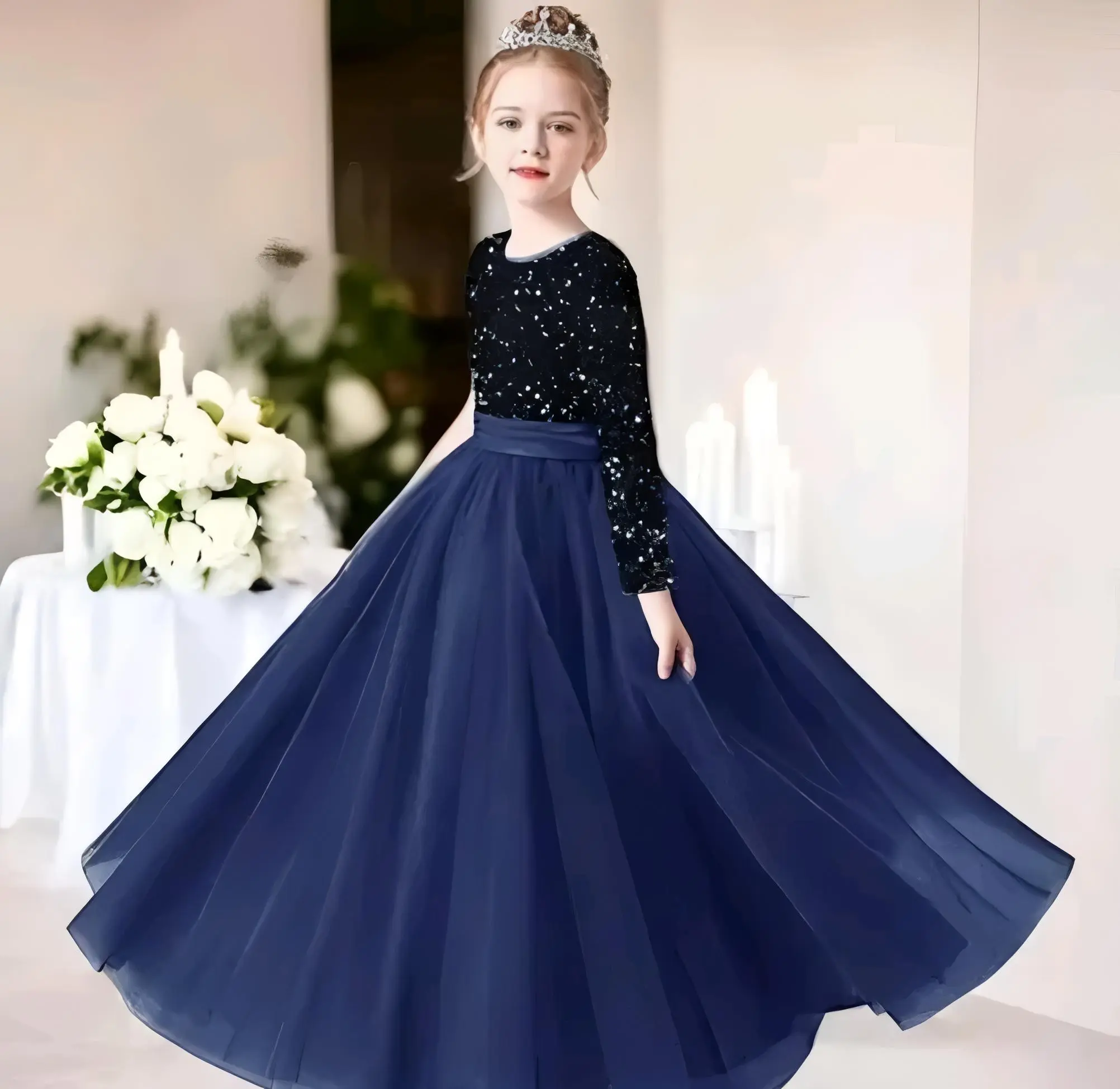 Girls full length net and sequin fabric gown - Blue, 10-11 Years