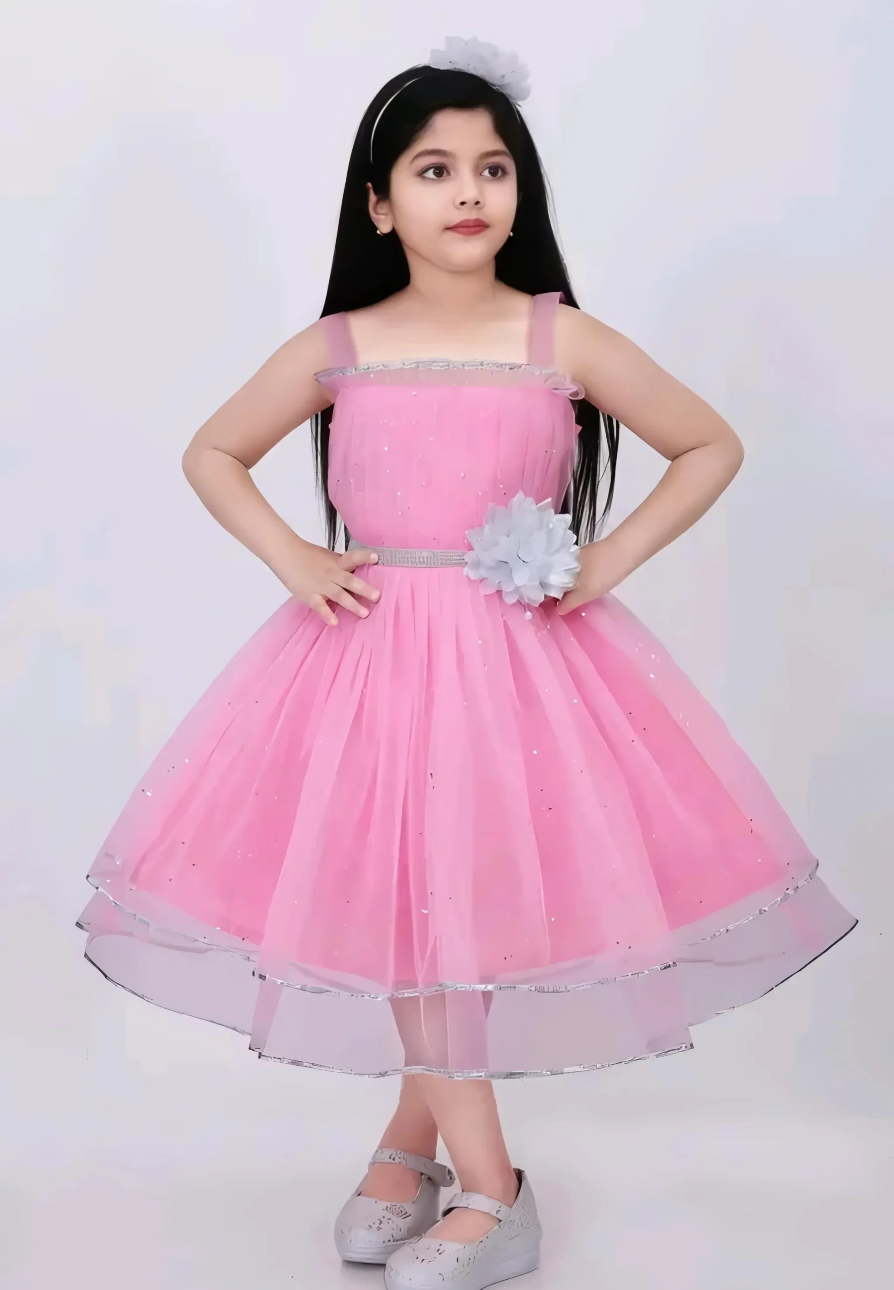 Girls net floral stylish dress - Pink, 0-6 Months