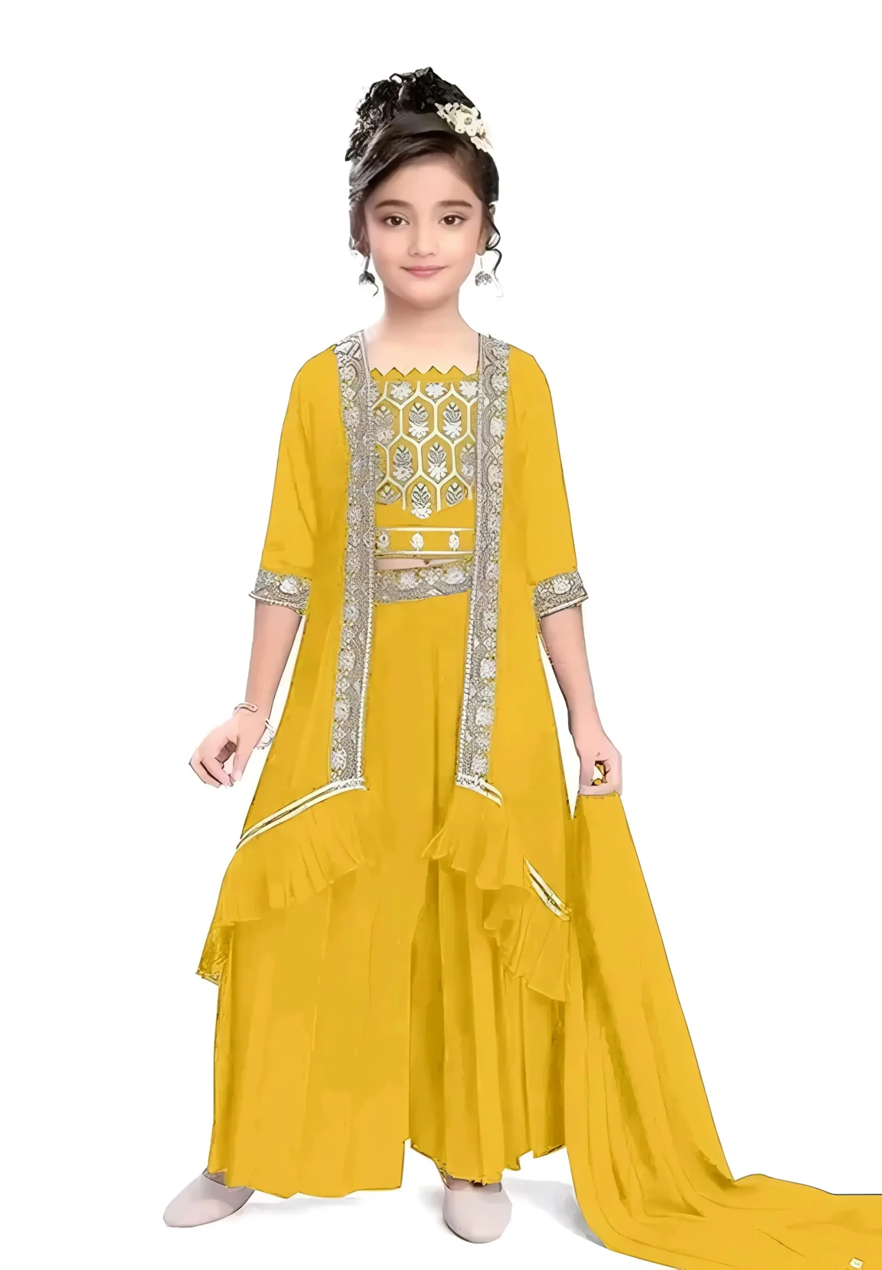 Fancy girls kurta set - Yellow, 10-11 Years