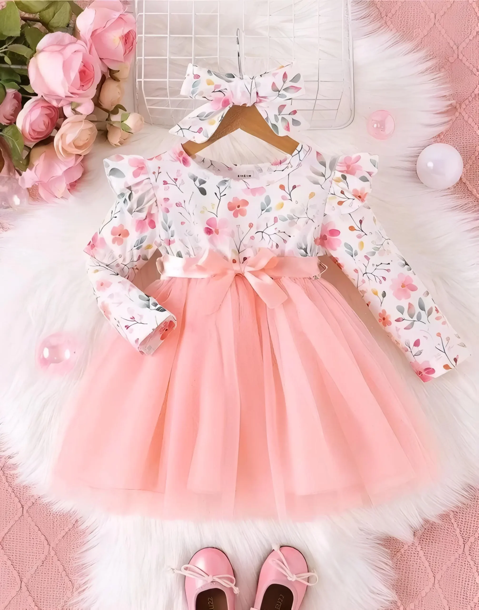 Girls net floral stylish dress/cotton & net - Multi-color, 0-1 Years