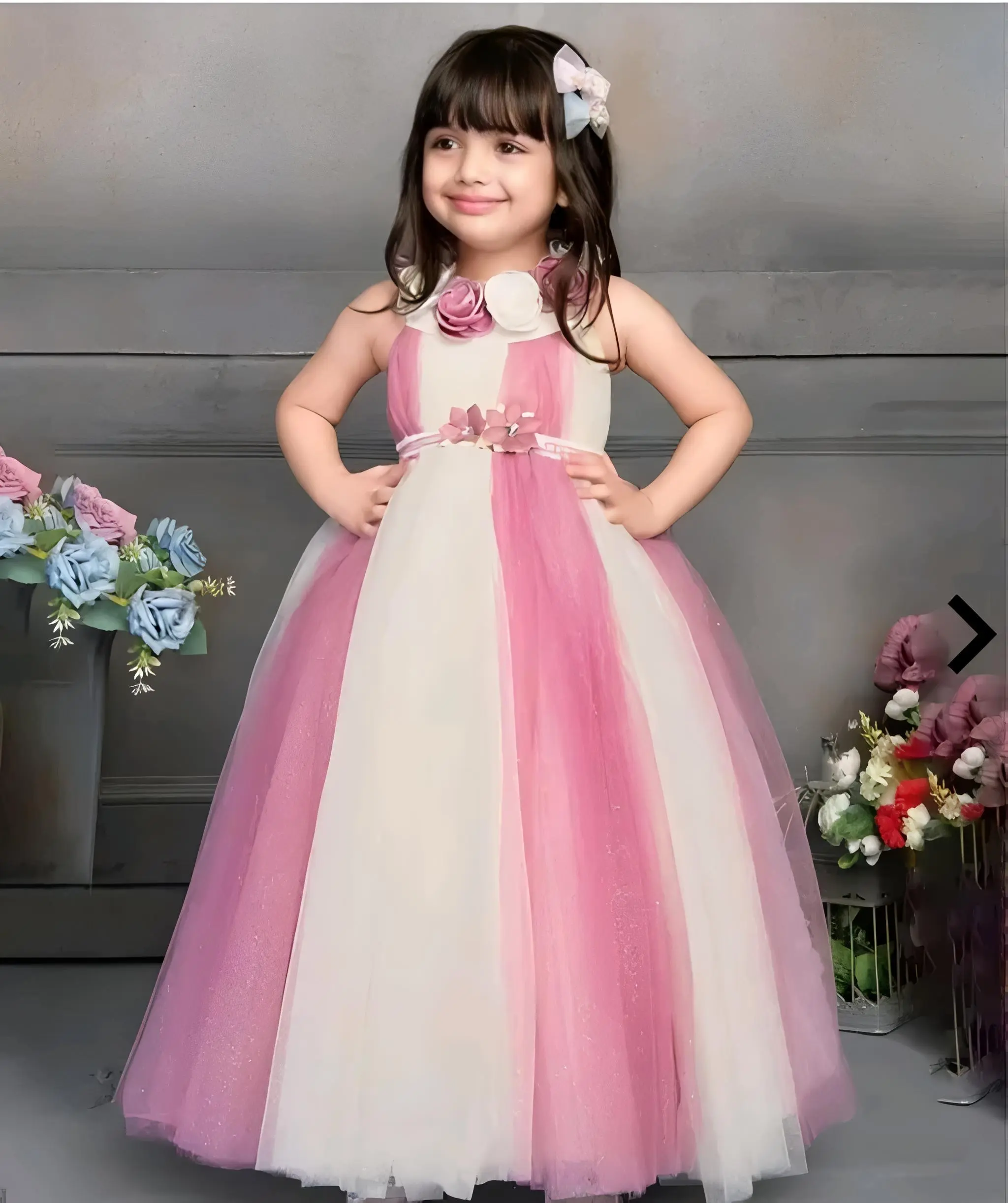 Girls net floral stylish full length dress - Multi-color, 2-3 Years