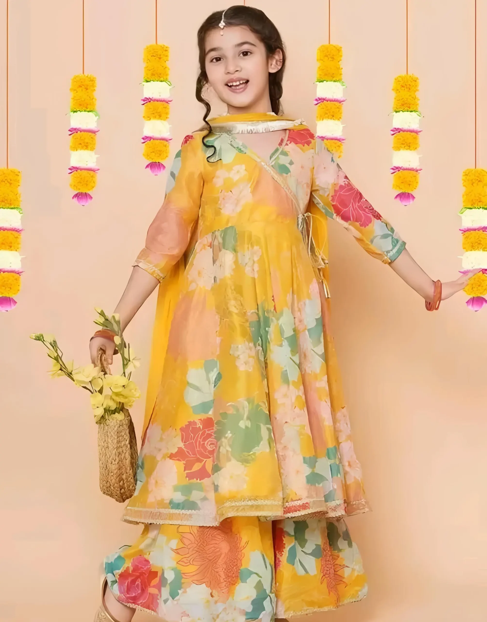 Girls yellow printed angrakha style kurta set - Yellow, 10-11 Years