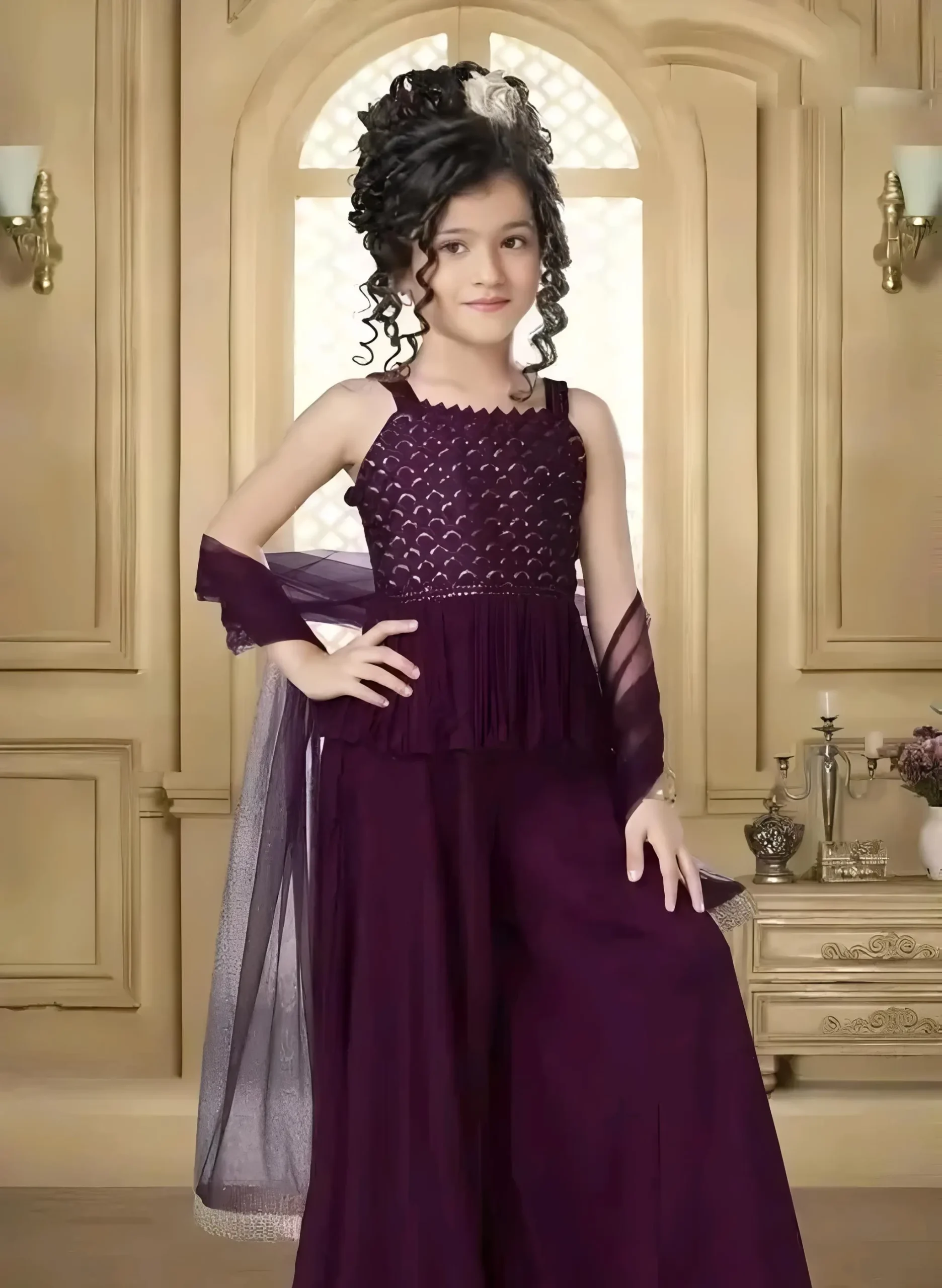 Kurta sharara and dupatta set - Wine, 3-4 Years
