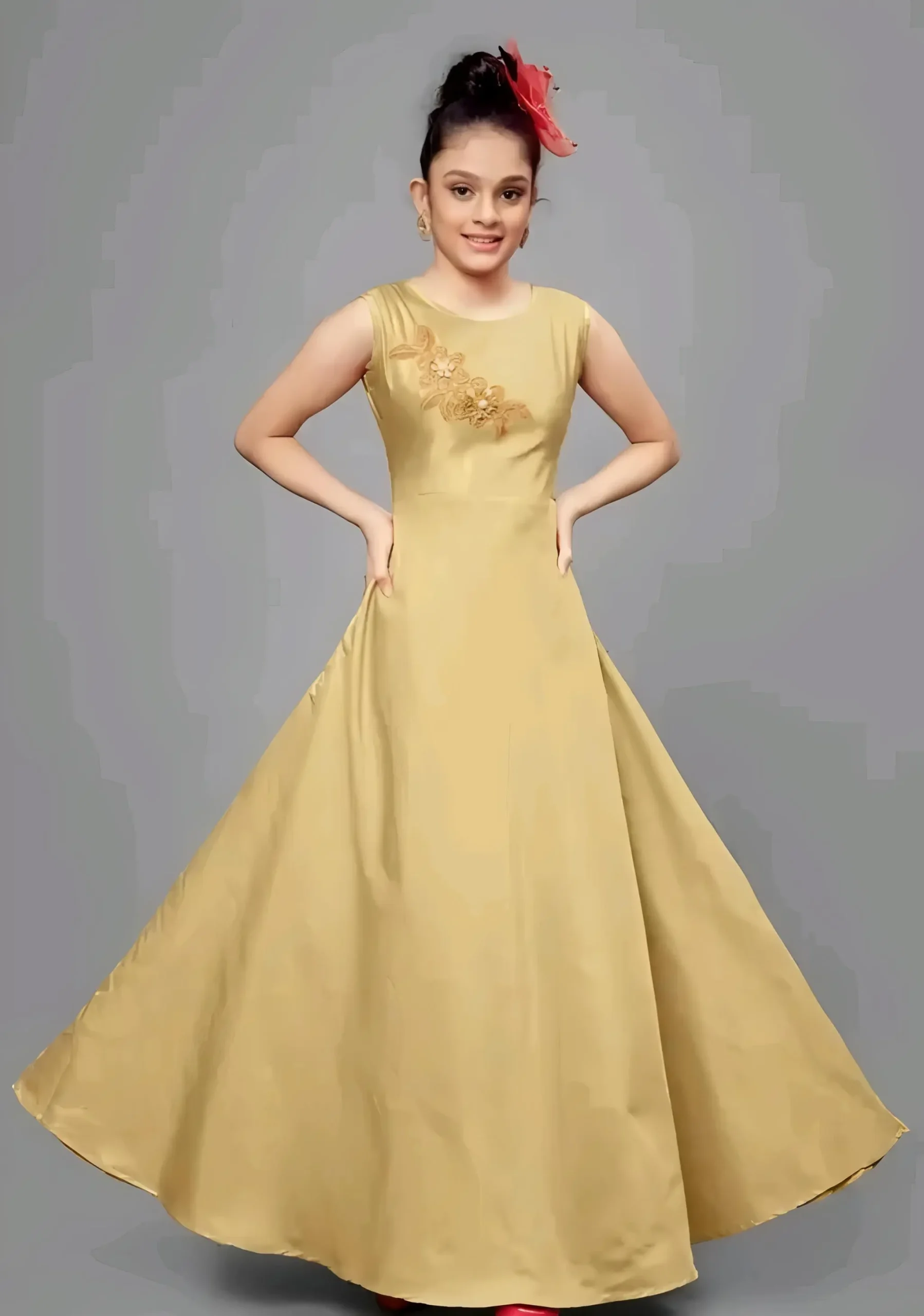 Girls solid round neck ethnic gown - Beige, 10-11 Years