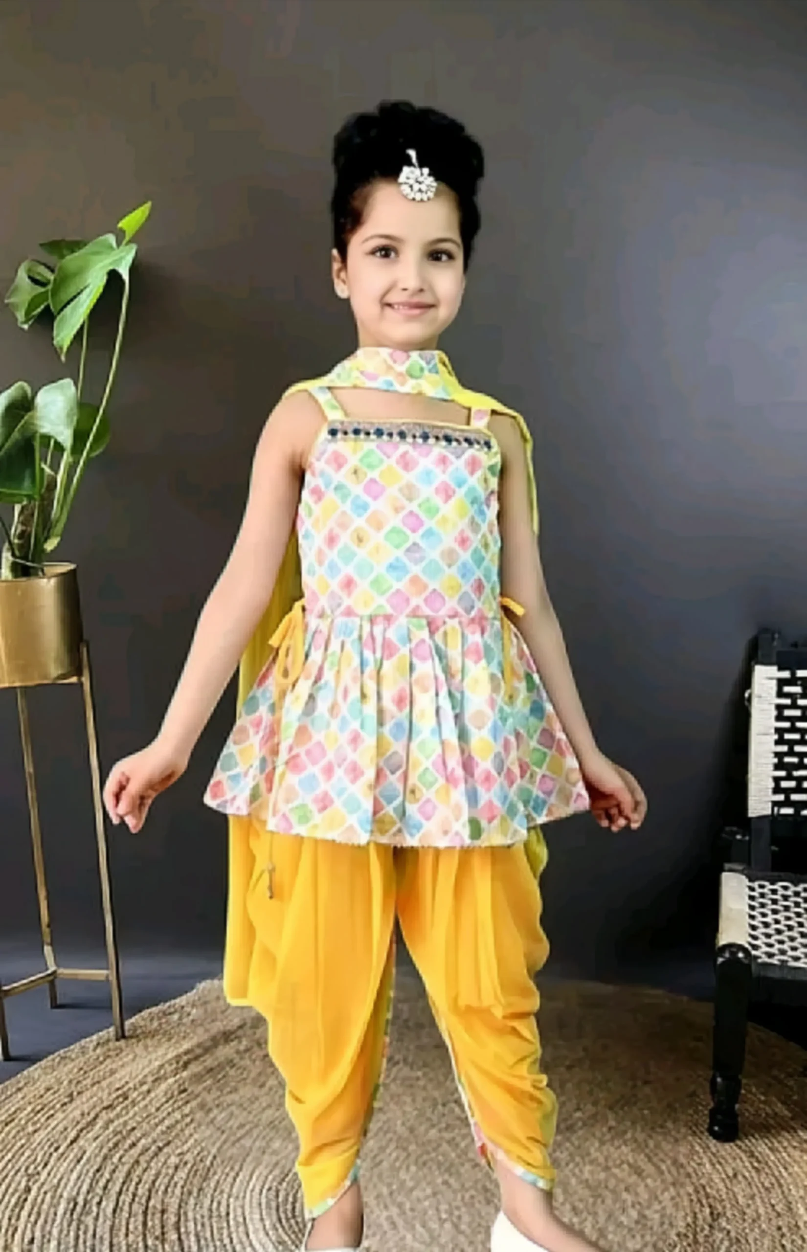 Girls kurta dhoti with duppata - Yellow, 0-6 Months