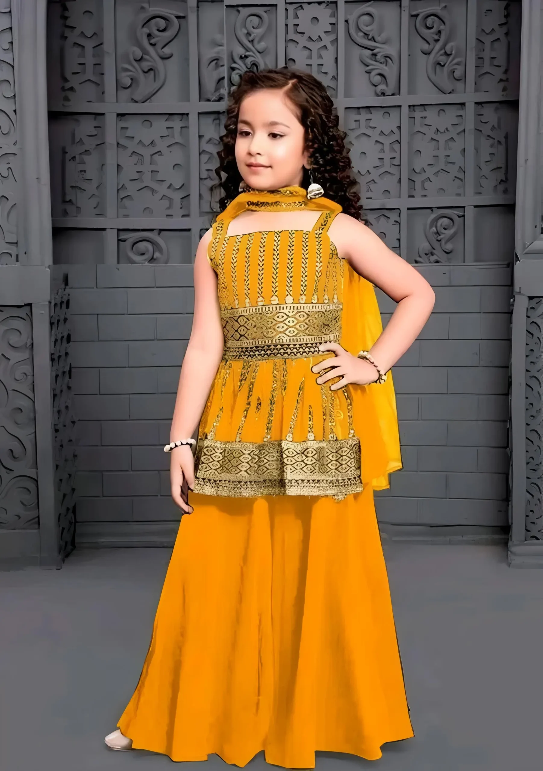 Mustered yellow krta sharara set - Yellow, 1-2 Years