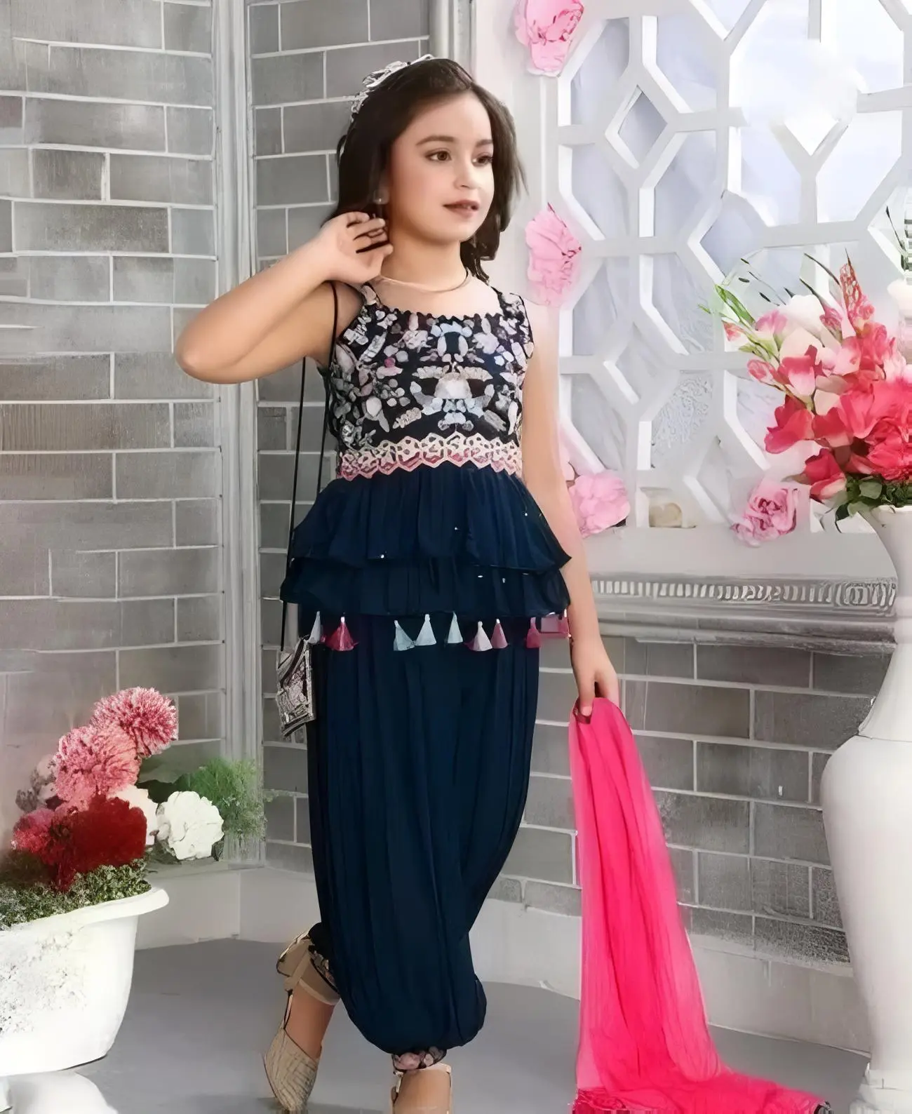 Fancy sharara set for baby girl - Blue, 10-11 Years