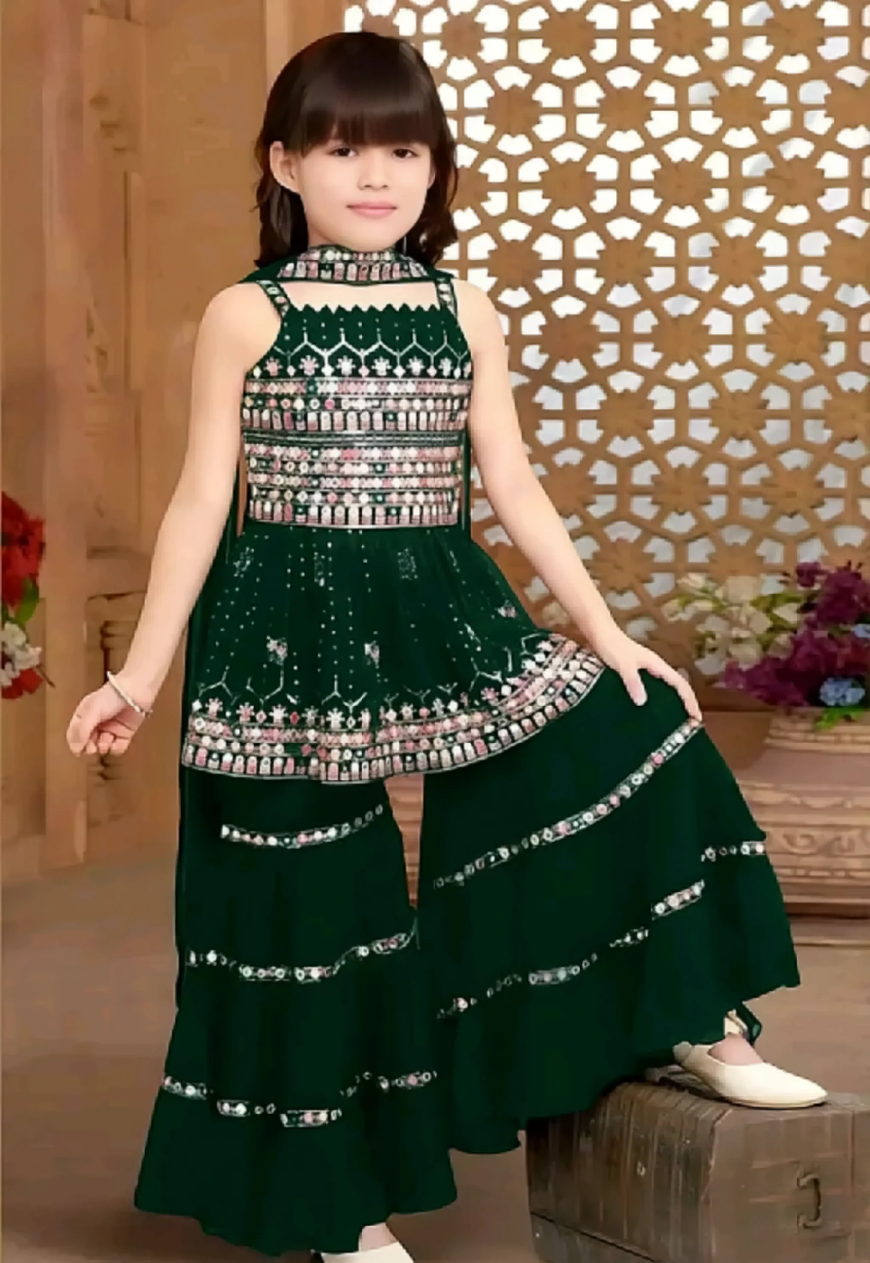 Designer kids sharara top and duppata - Green, 11-12 Years
