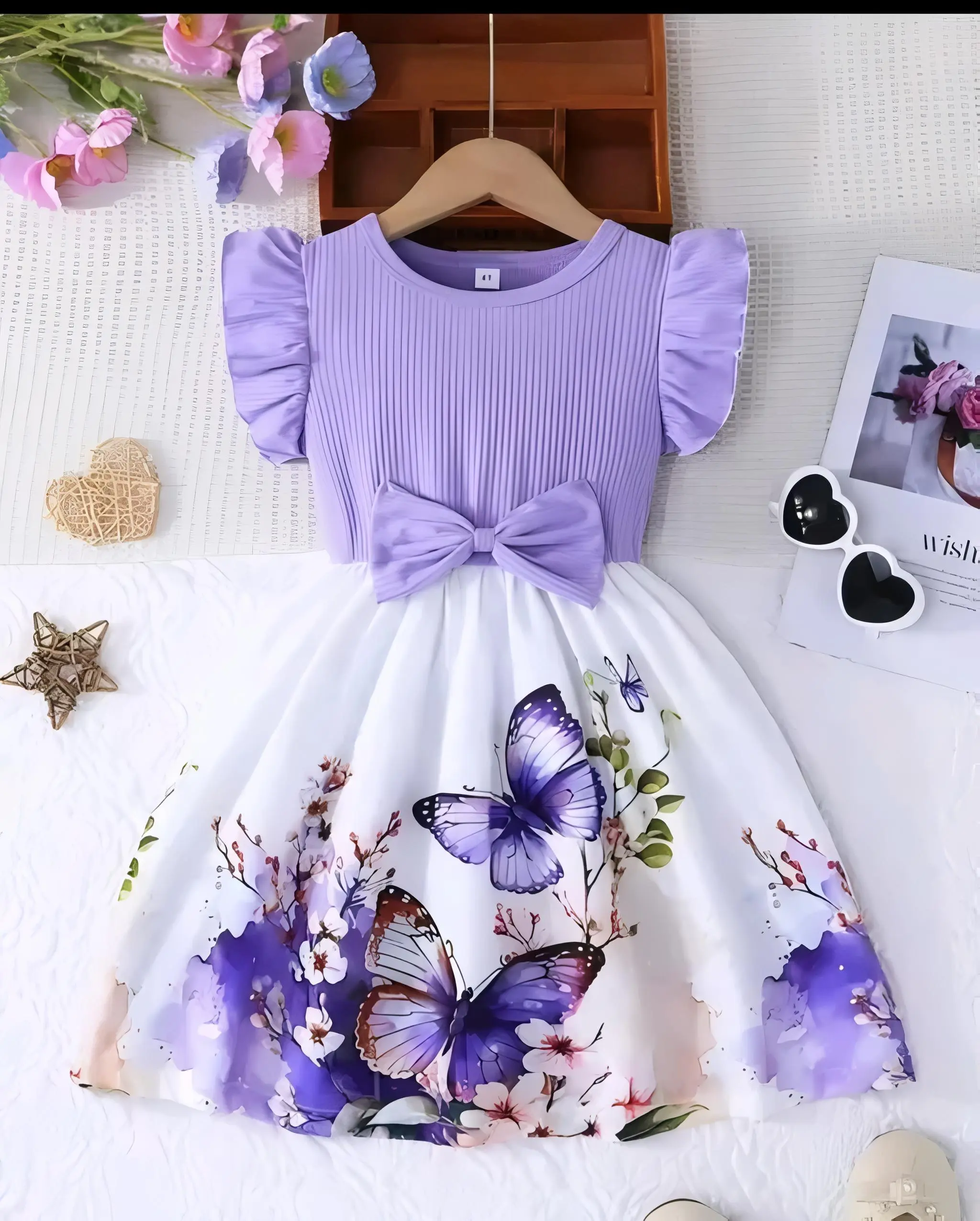 Baby girl ruffle sleeves frock - Purple, 0-6 Months