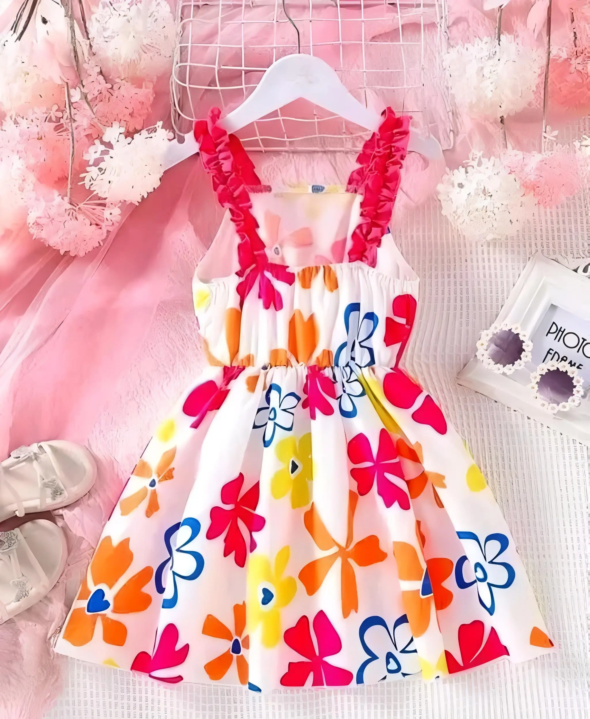 Girls net floral stylish dress - Multi-color, 0-6 Months