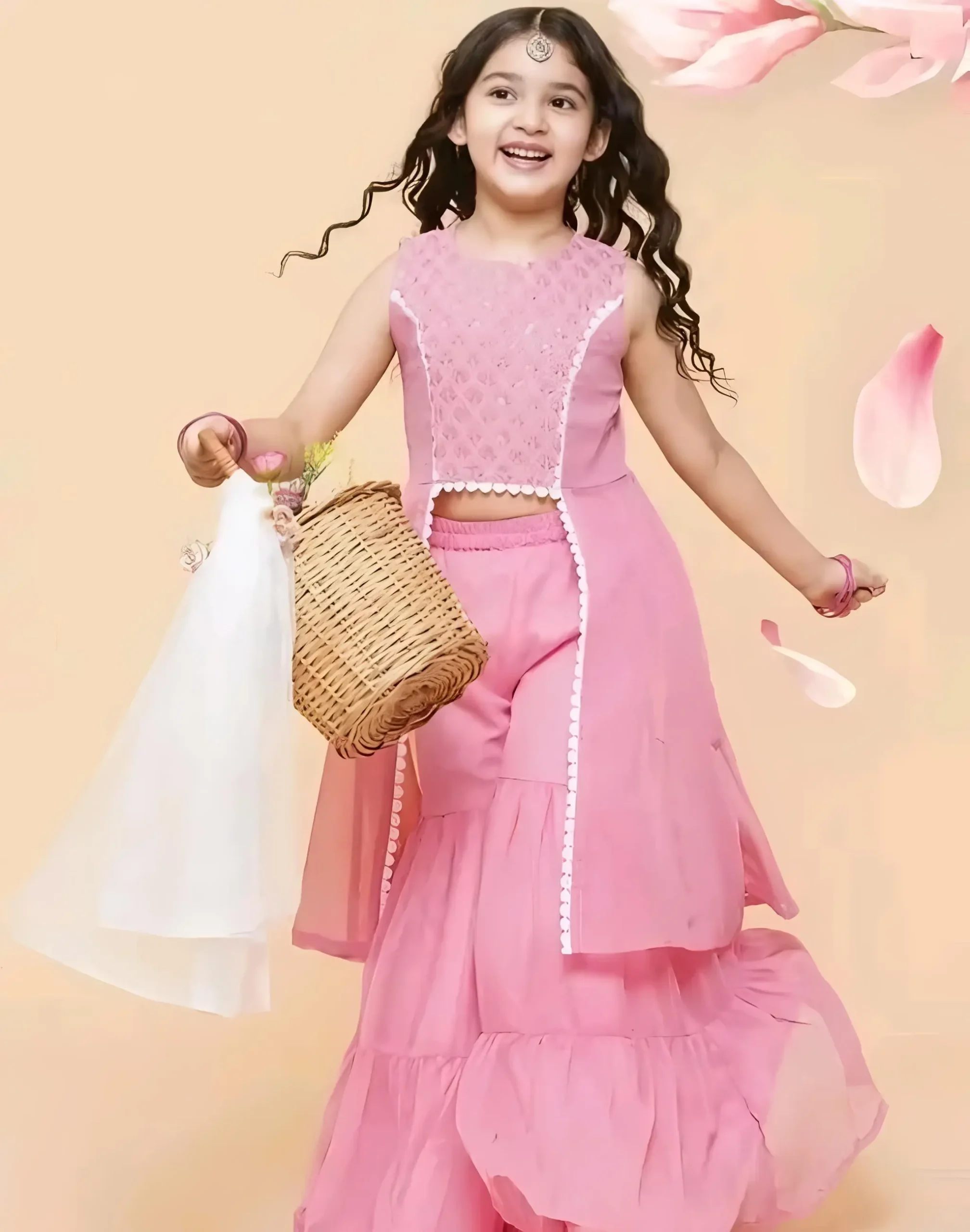 Girls pink self design Georgette kurta with sharara