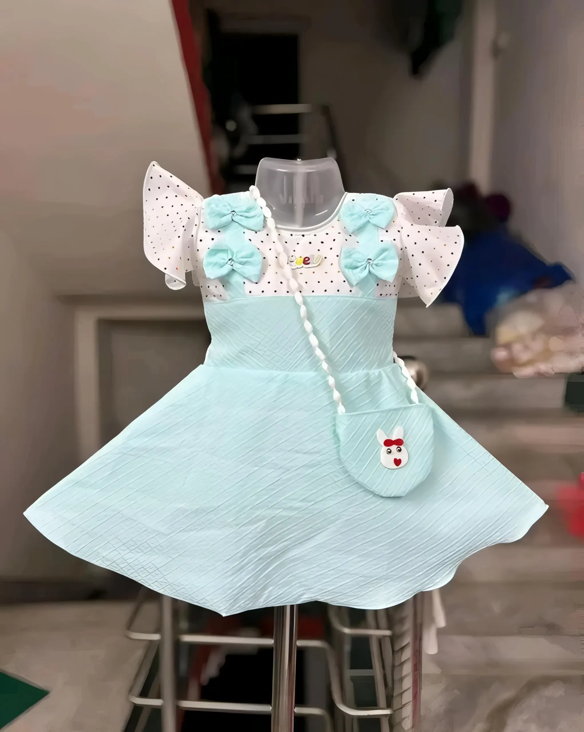 Cotton frock with bag - Blue, 0-6 Months