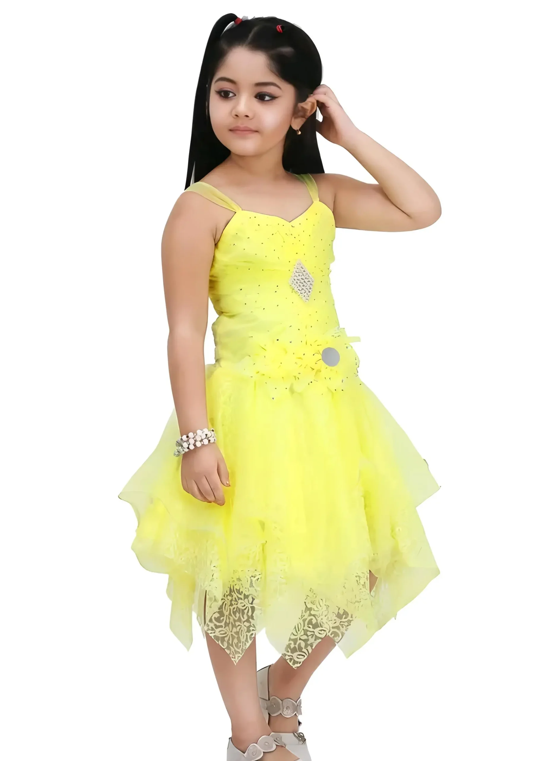 Girls net fabric party wear dress - Yellow, 2-3 Years