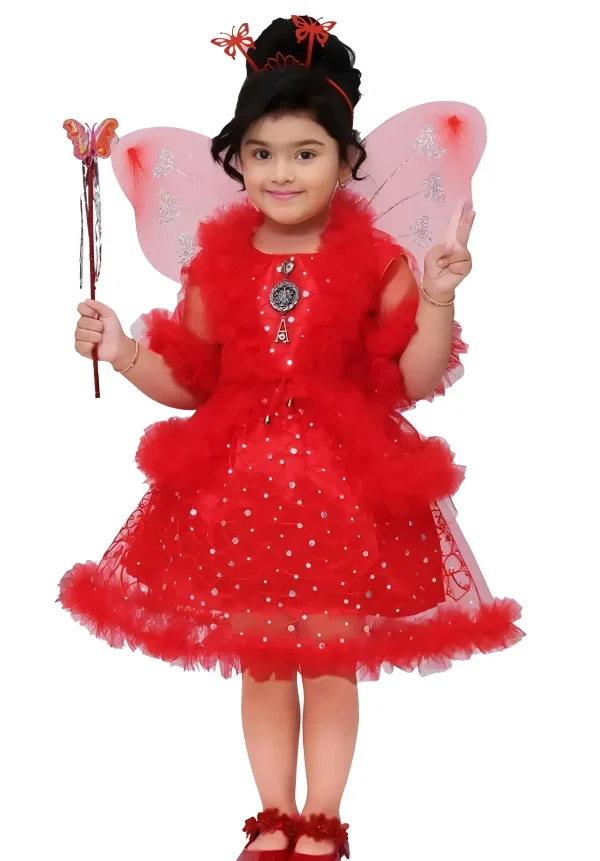 Girls net floral stylish dress - Red, 0-6 Months