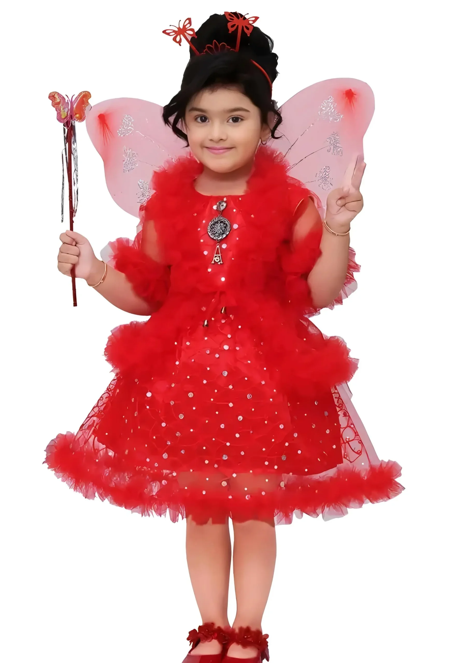 Girls net floral stylish dress - Red, 0-6 Months