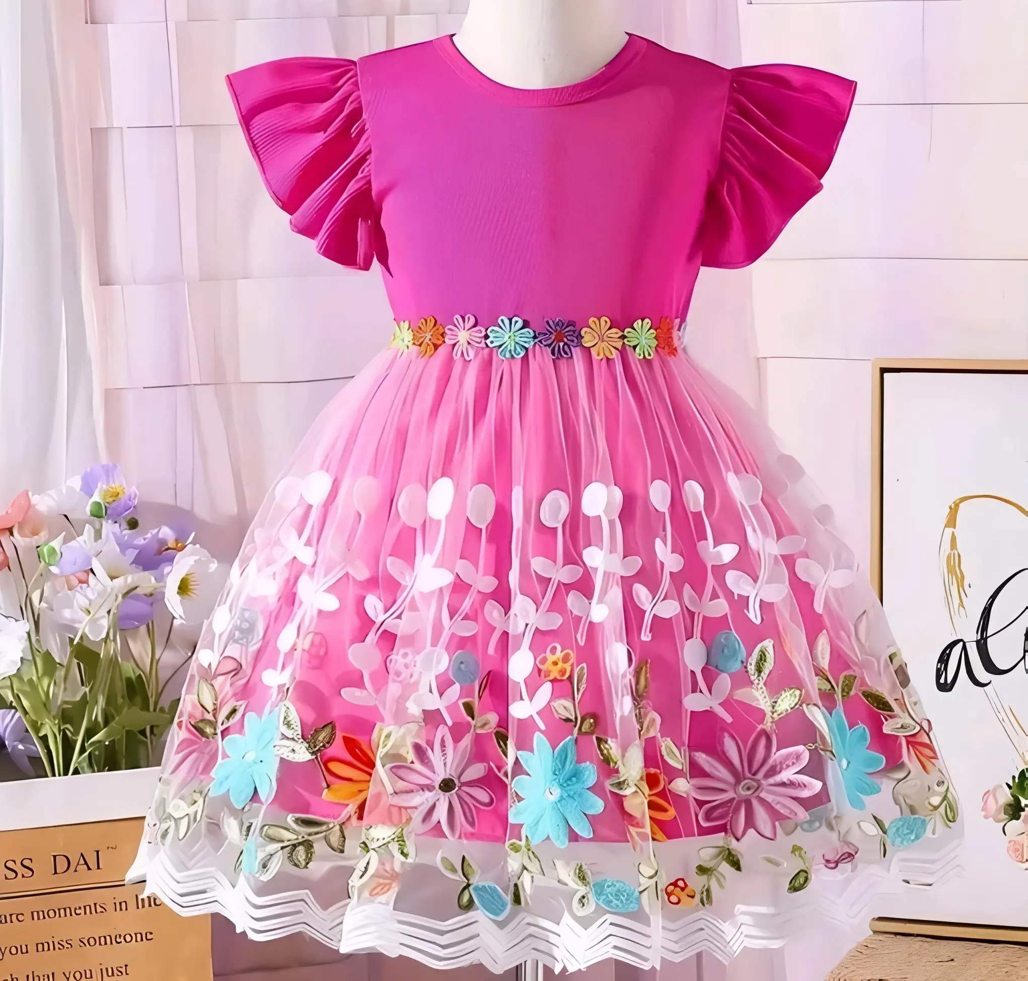 Kids floral pink dress/frock - Pink, 1-2 Years