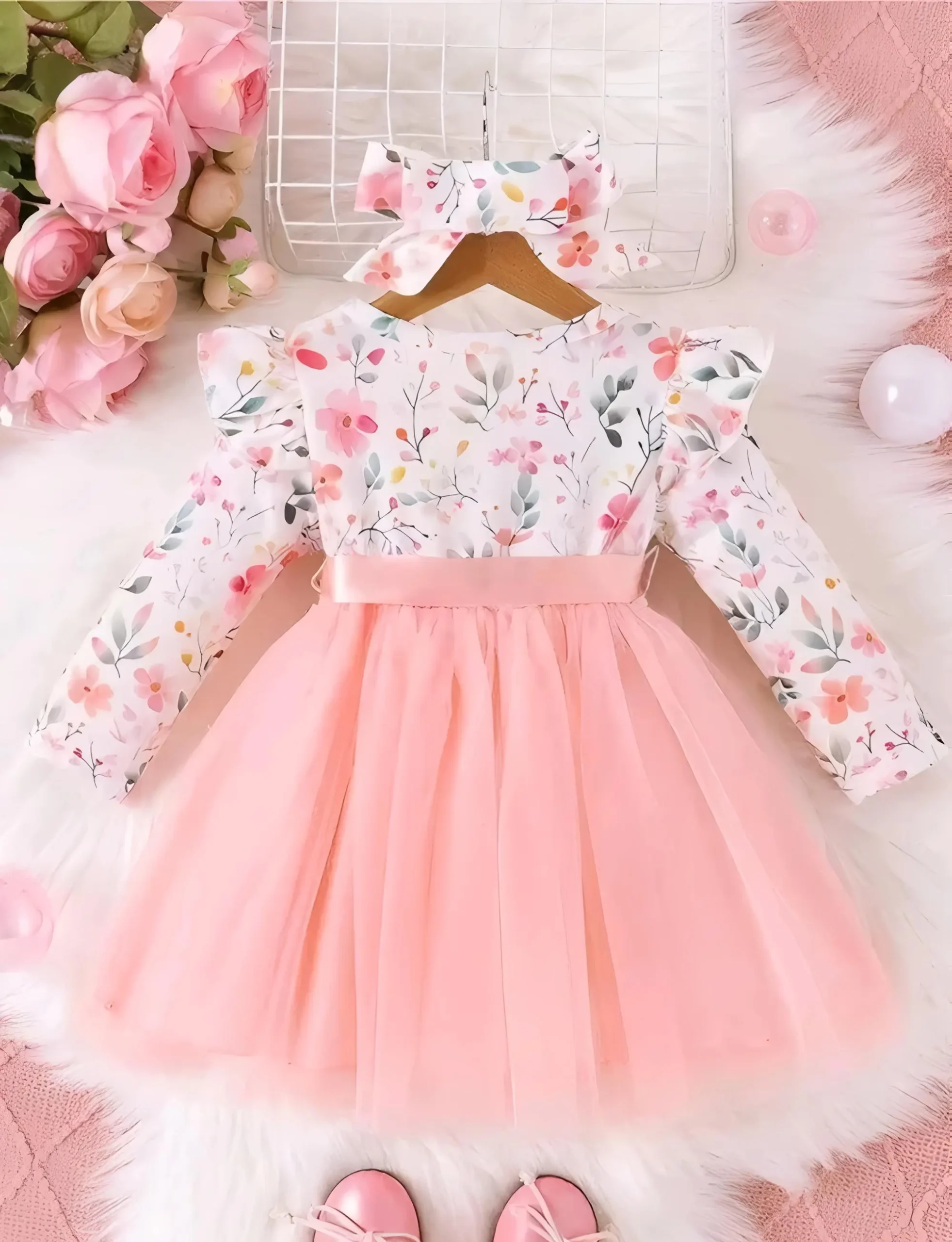 Girls net floral stylish dress/cotton & net