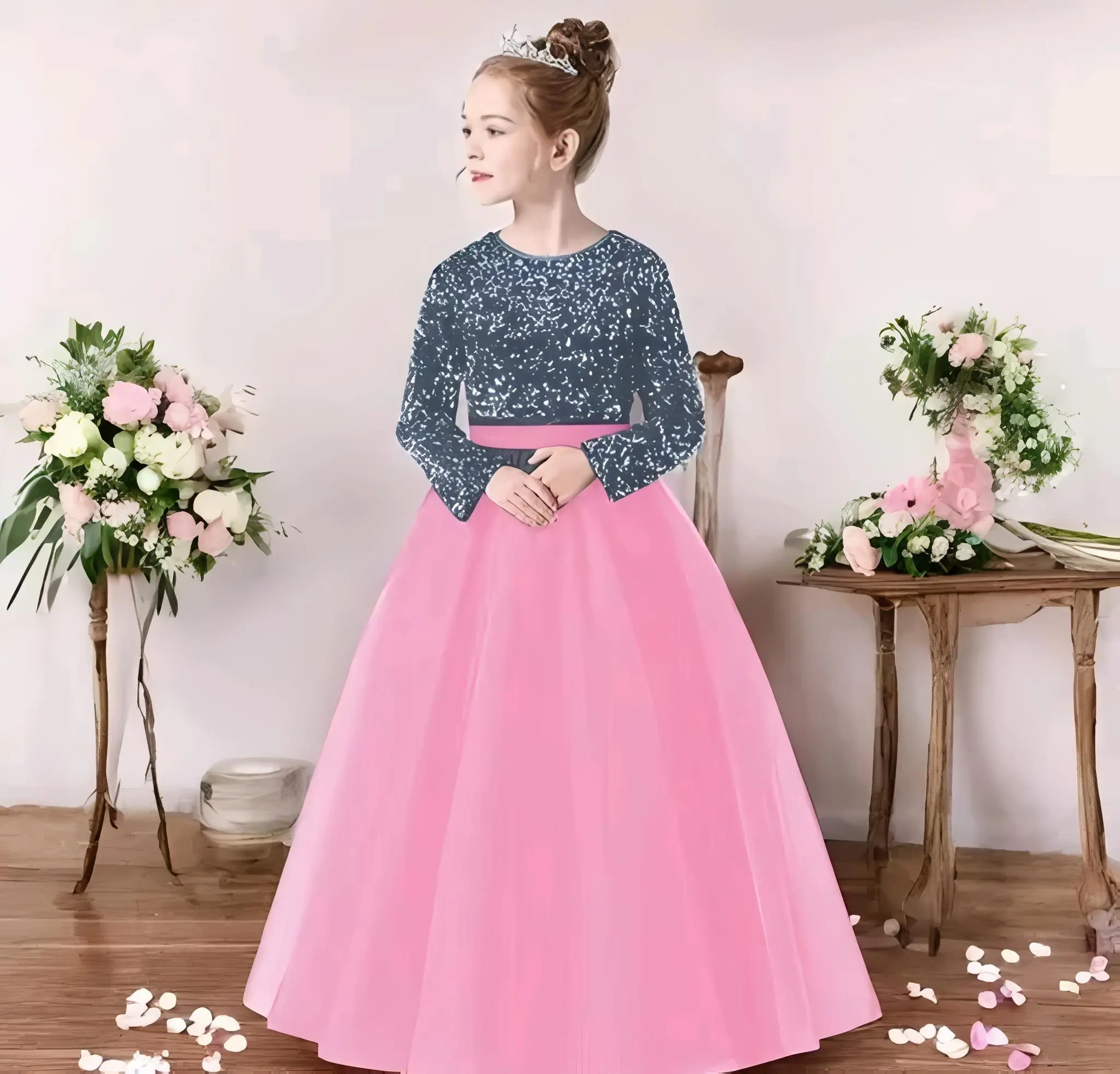 Girls full length net and sequin fabric gown