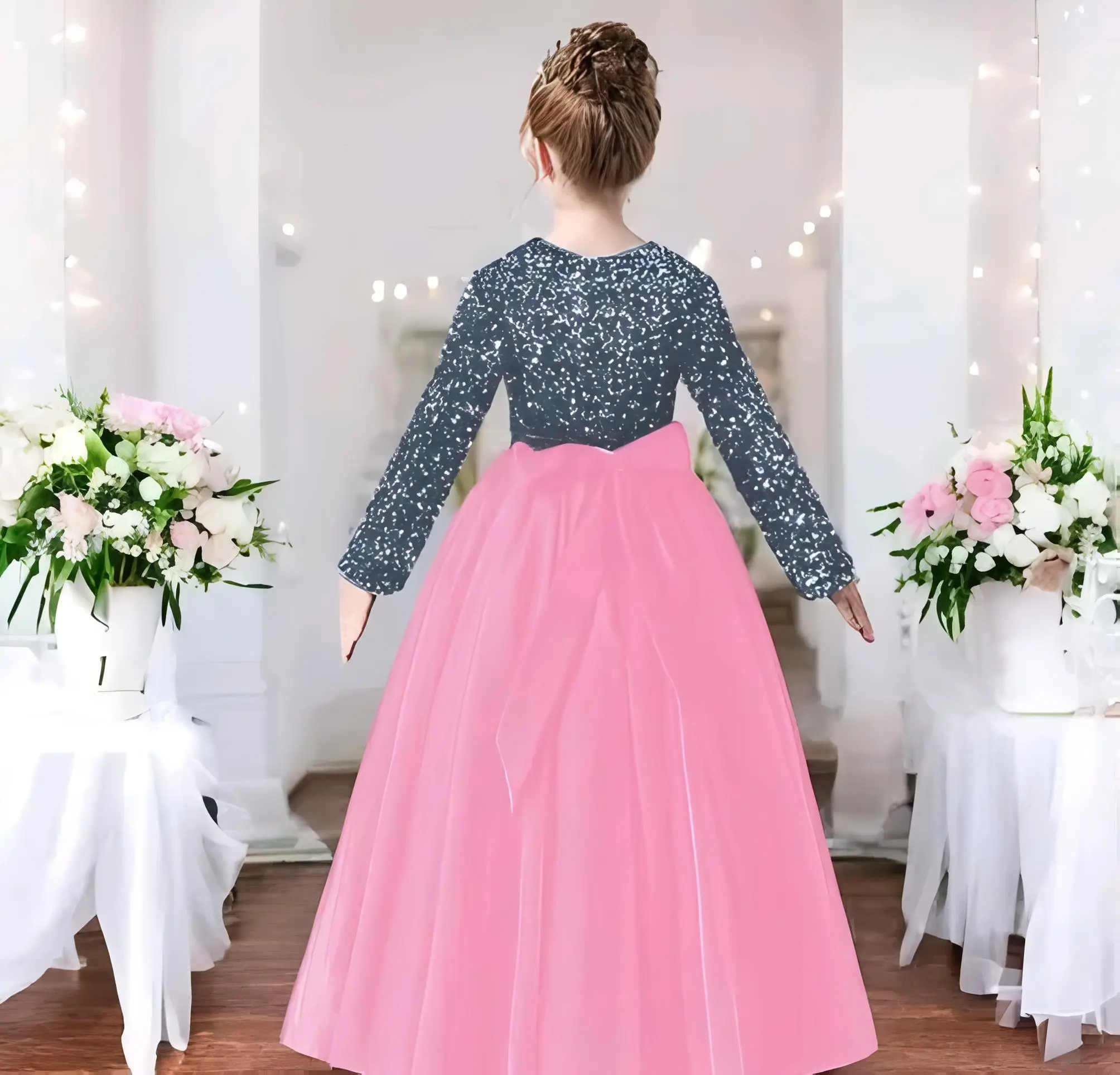 Girls full length net and sequin fabric gown