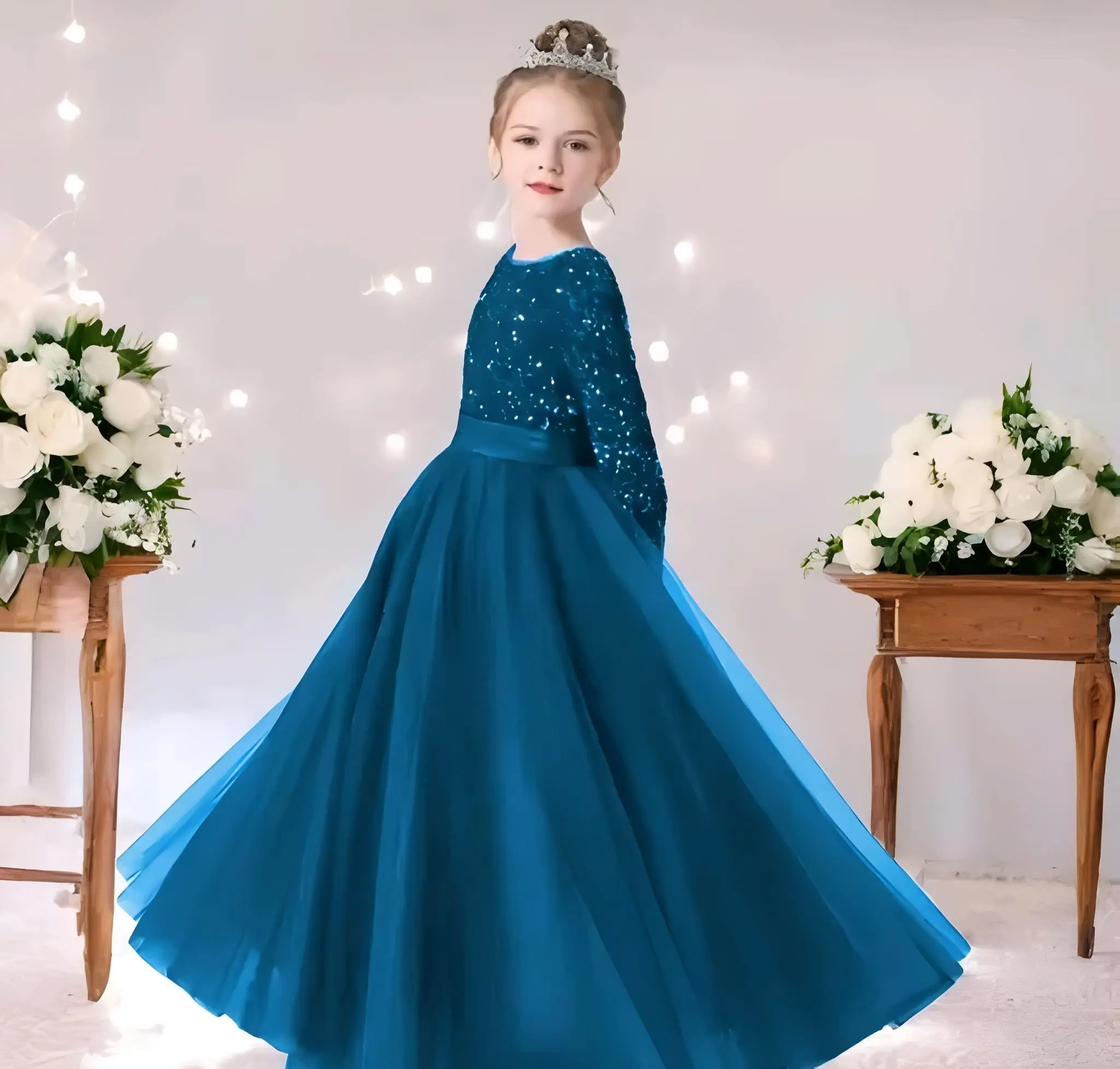 Girls full length net and sequin fabric gown