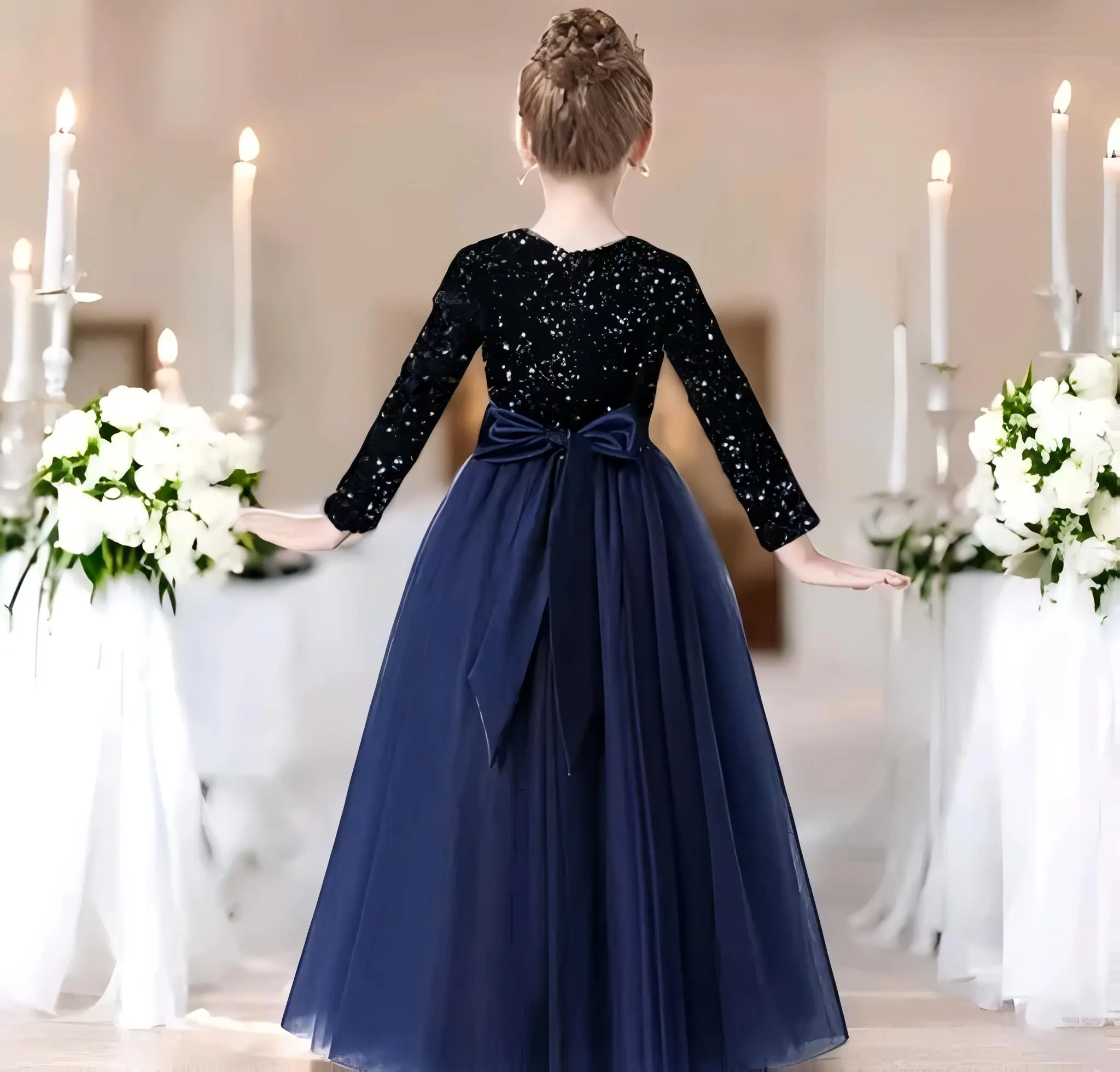 Girls full length net and sequin fabric gown
