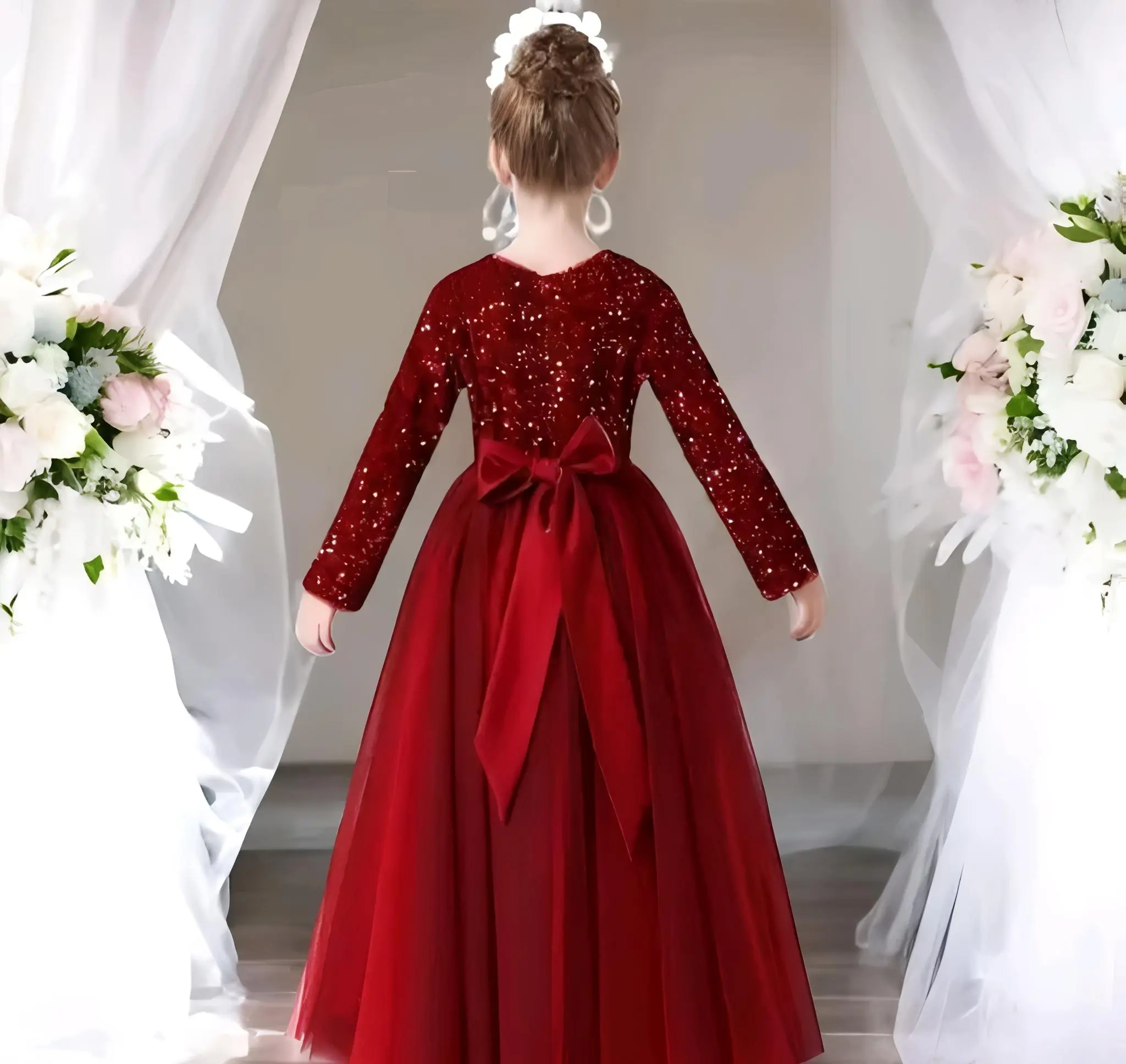 Girls full length net and sequin fabric gown