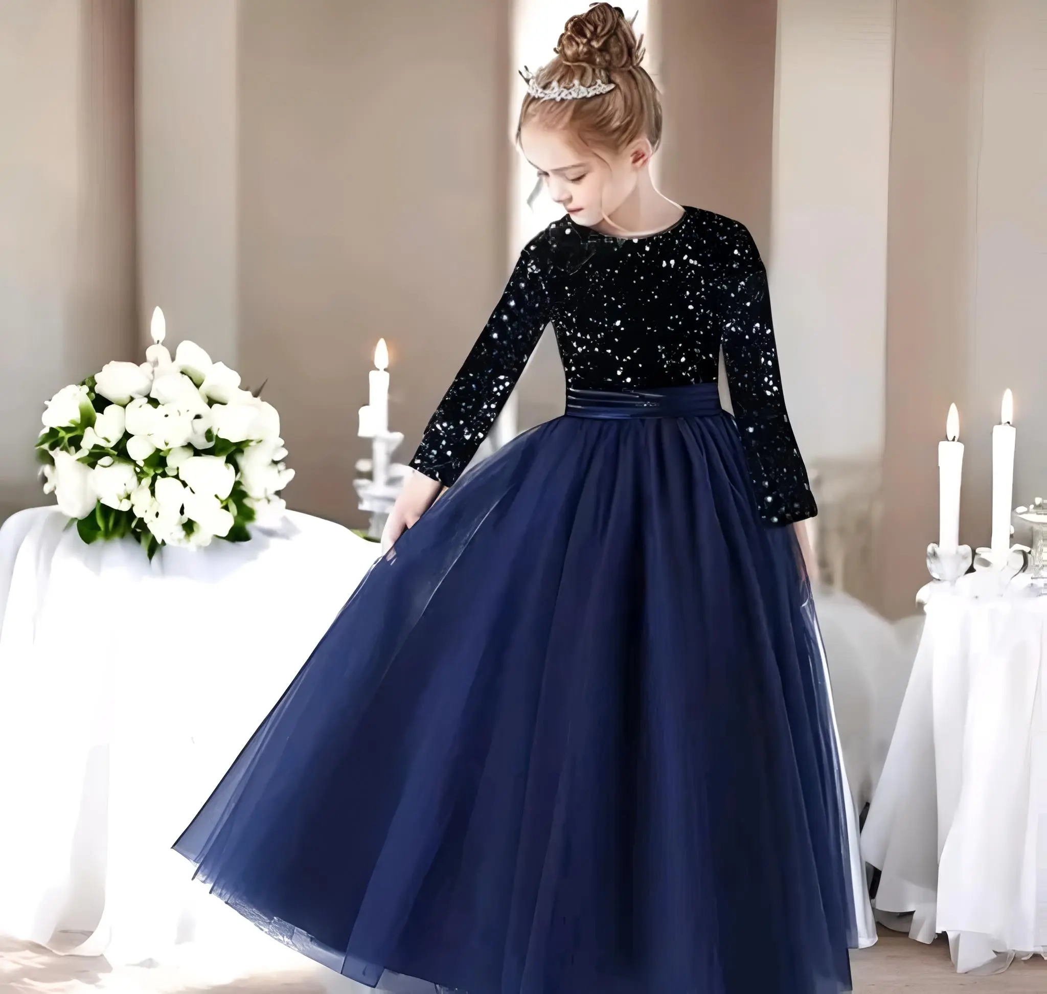 Girls full length net and sequin fabric gown