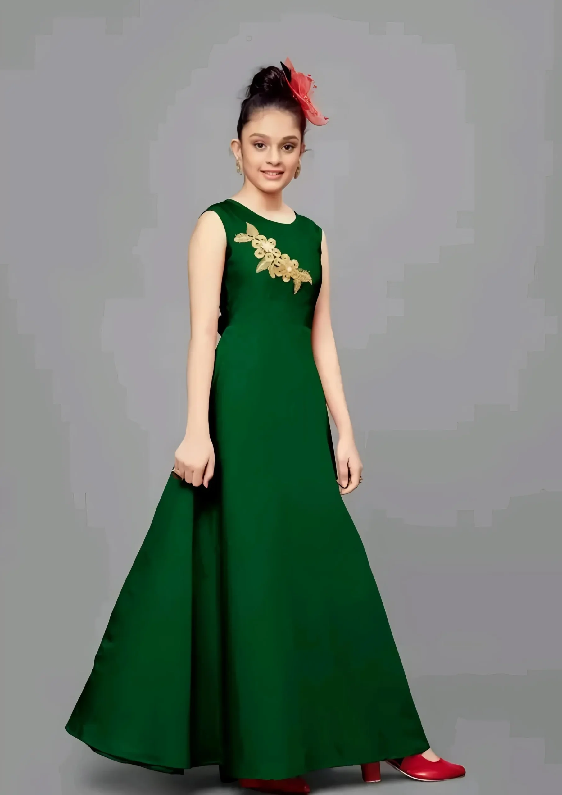 Girls solid round neck ethnic gown