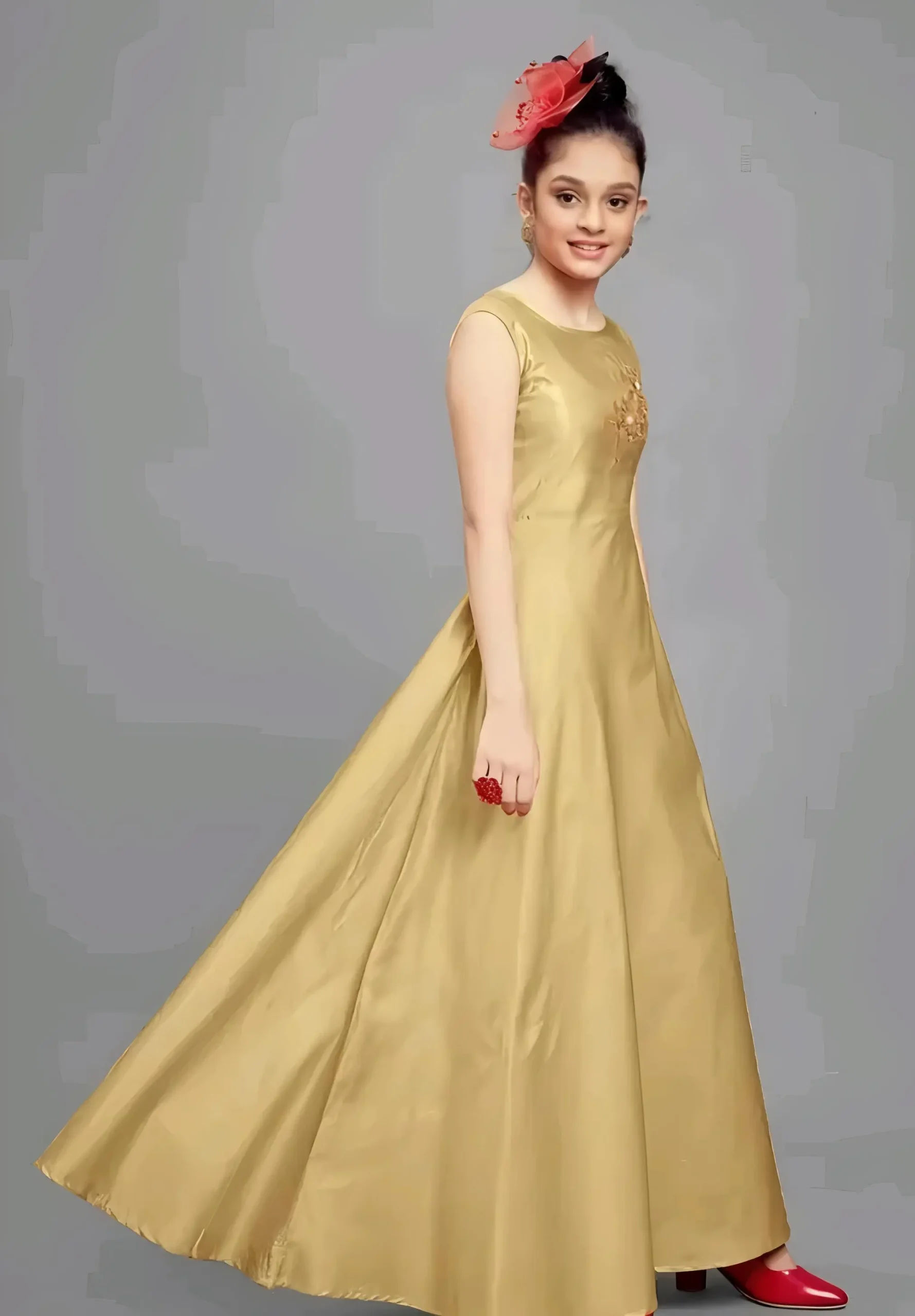 Girls solid round neck ethnic gown