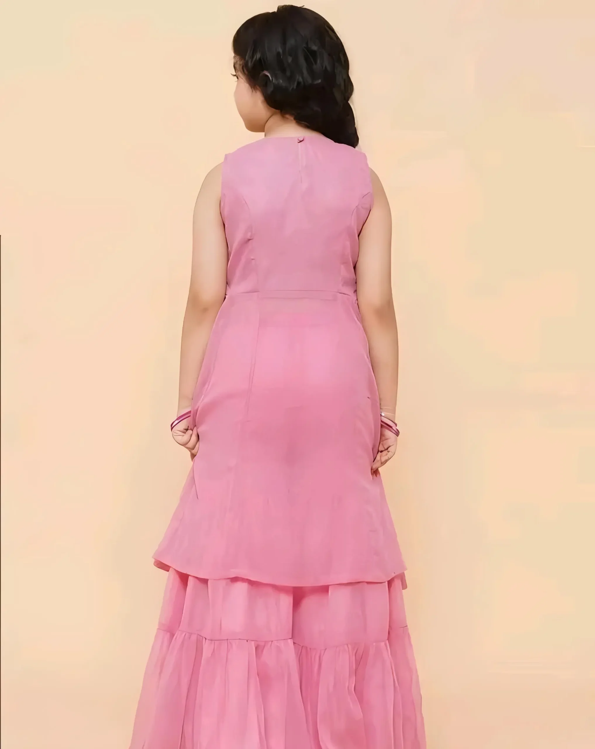 Girls pink self design Georgette kurta with sharara